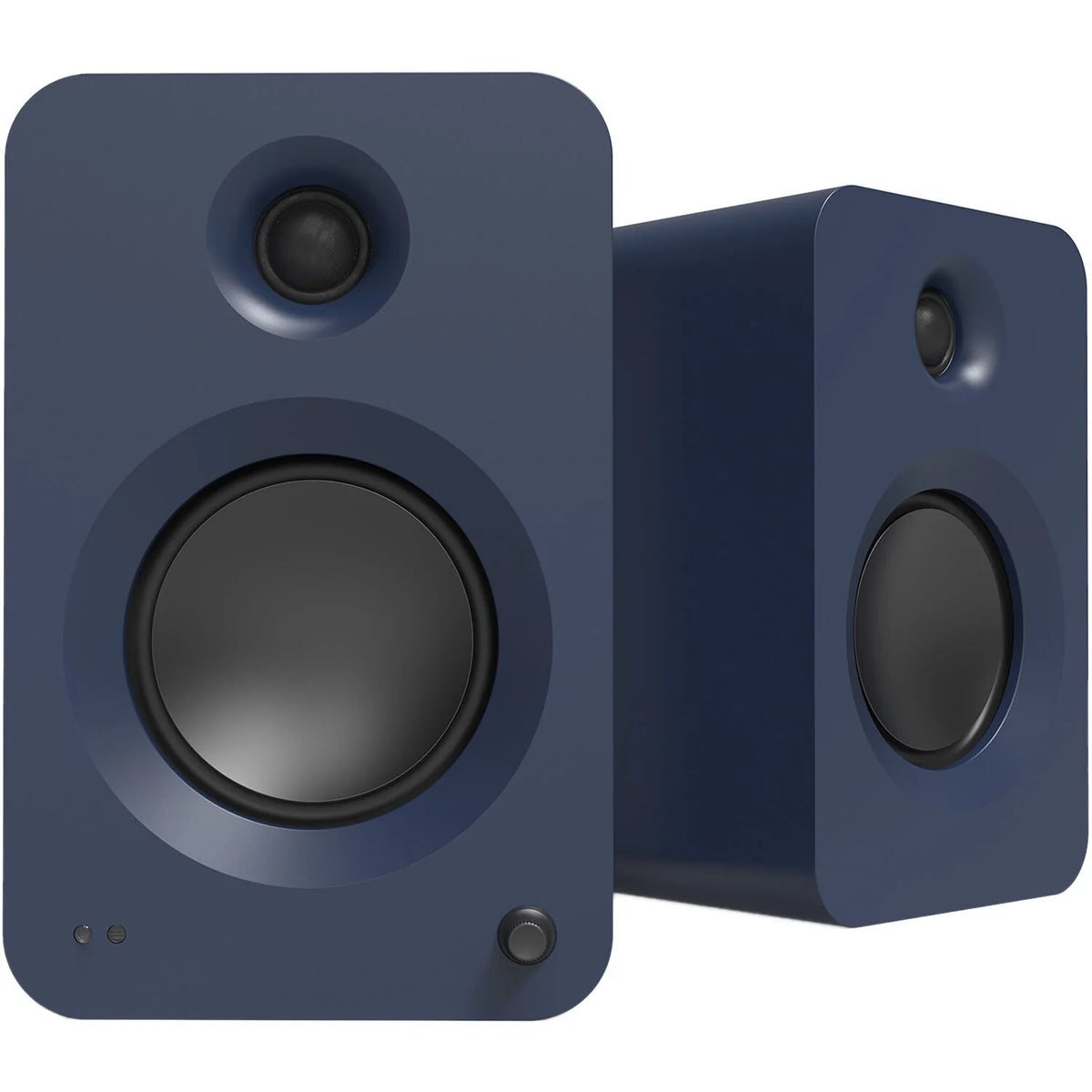 Kanto Audio Ren active bookshelf speakers with sleek black finish, featuring multiple drivers and modern design.