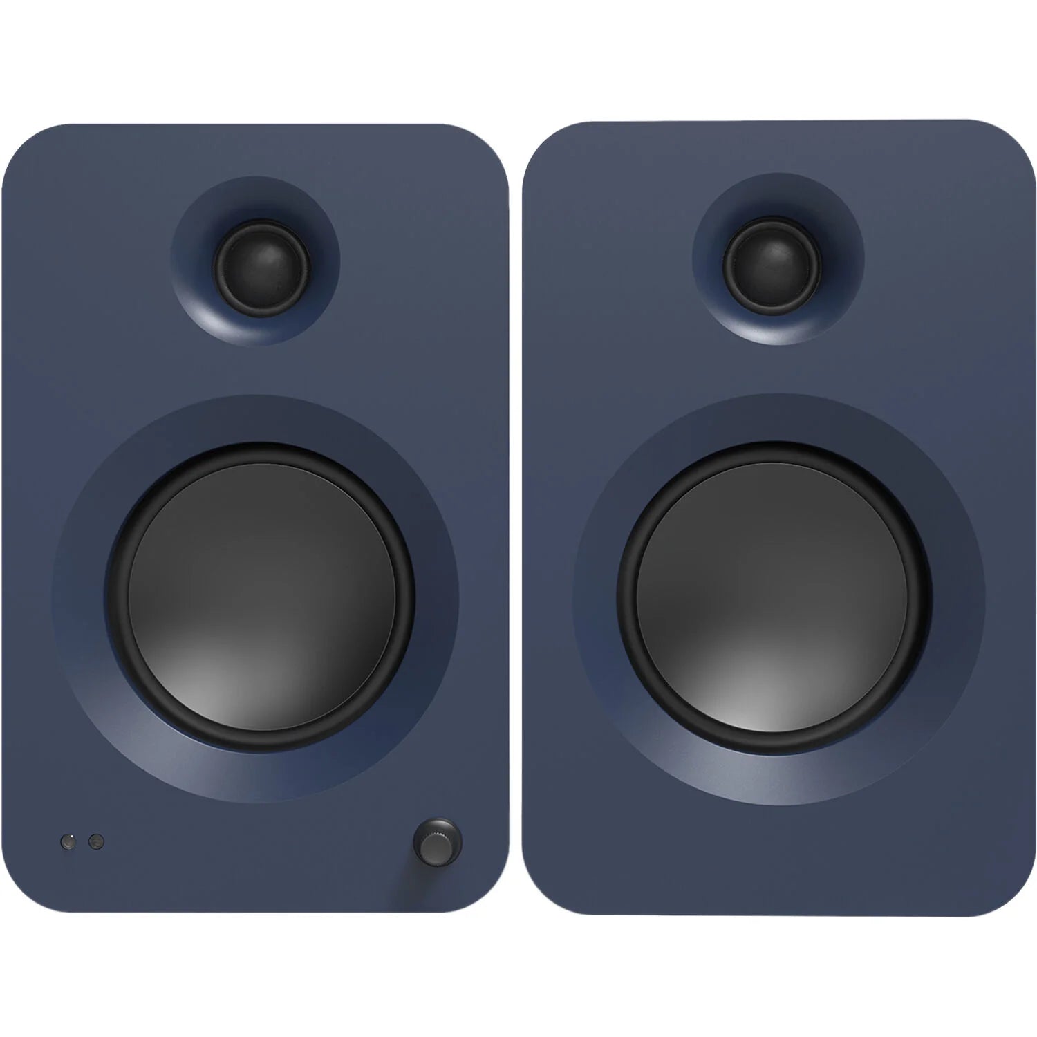 Kanto Audio Ren active bookshelf speakers with wood finish and modern design, shown from the front.