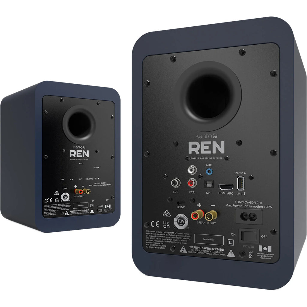 Kanto Audio Ren active bookshelf speakers with sleek black finish and modern design, featuring multiple drivers and adjustable controls.