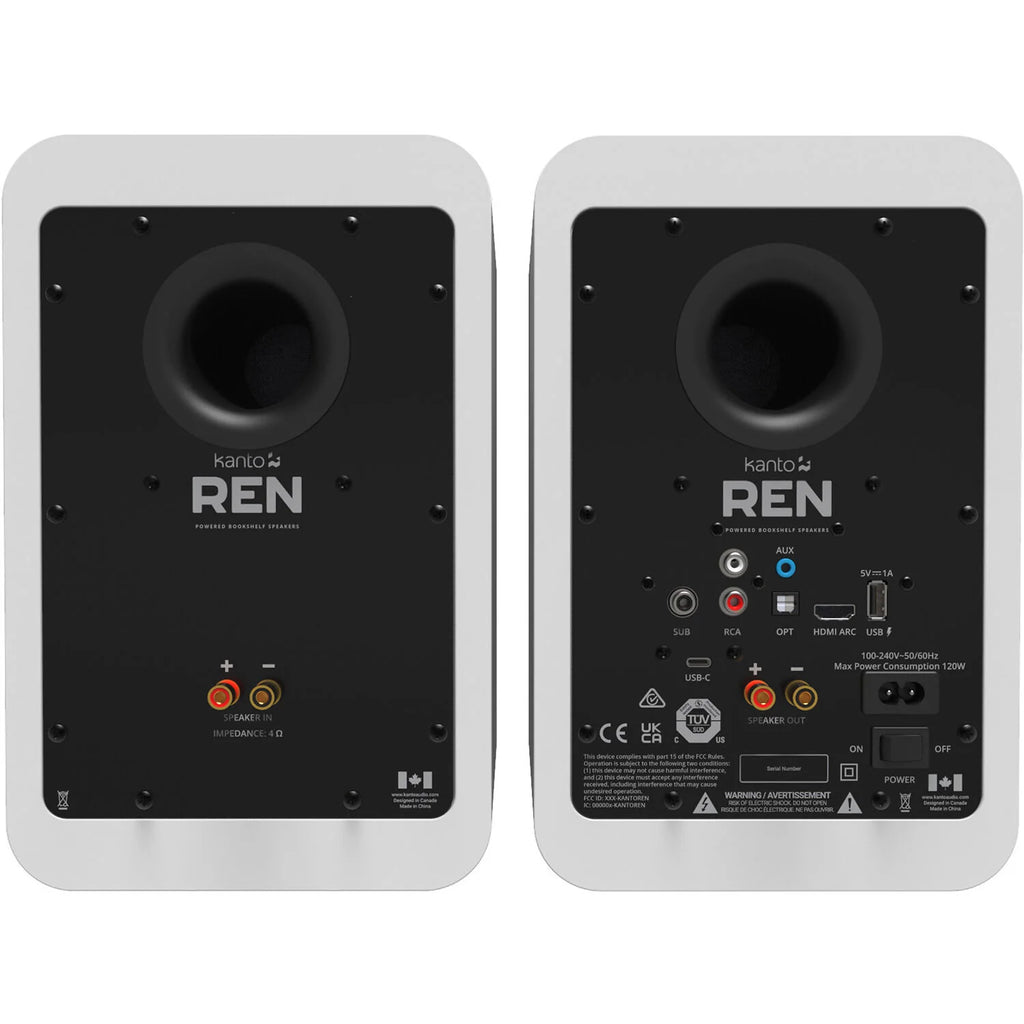 Kanto Audio Ren active bookshelf speakers with sleek black finish, compact design, and front-facing controls.