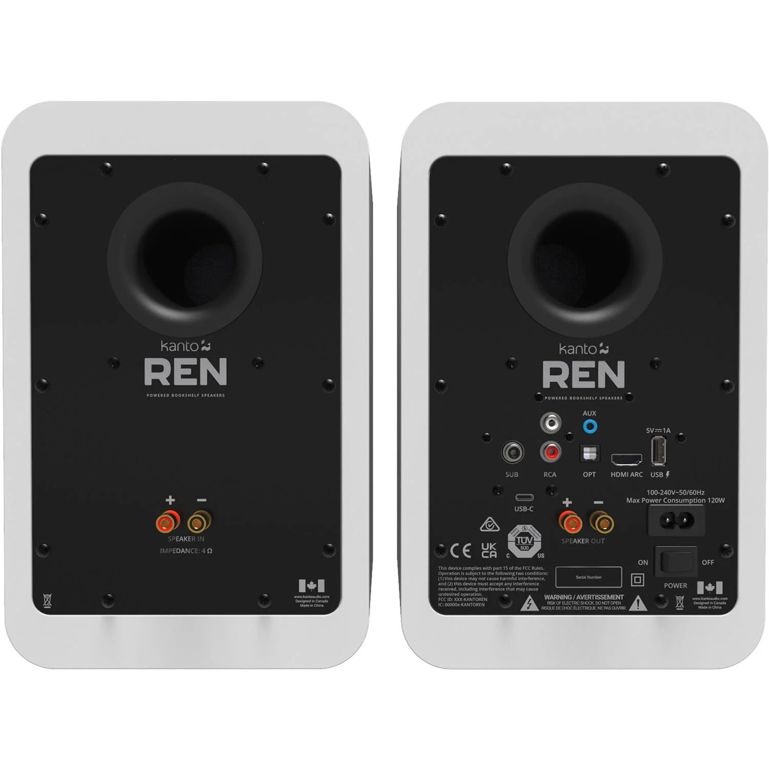 Kanto Audio Ren active bookshelf speakers with sleek black finish, compact design, and front-facing controls.