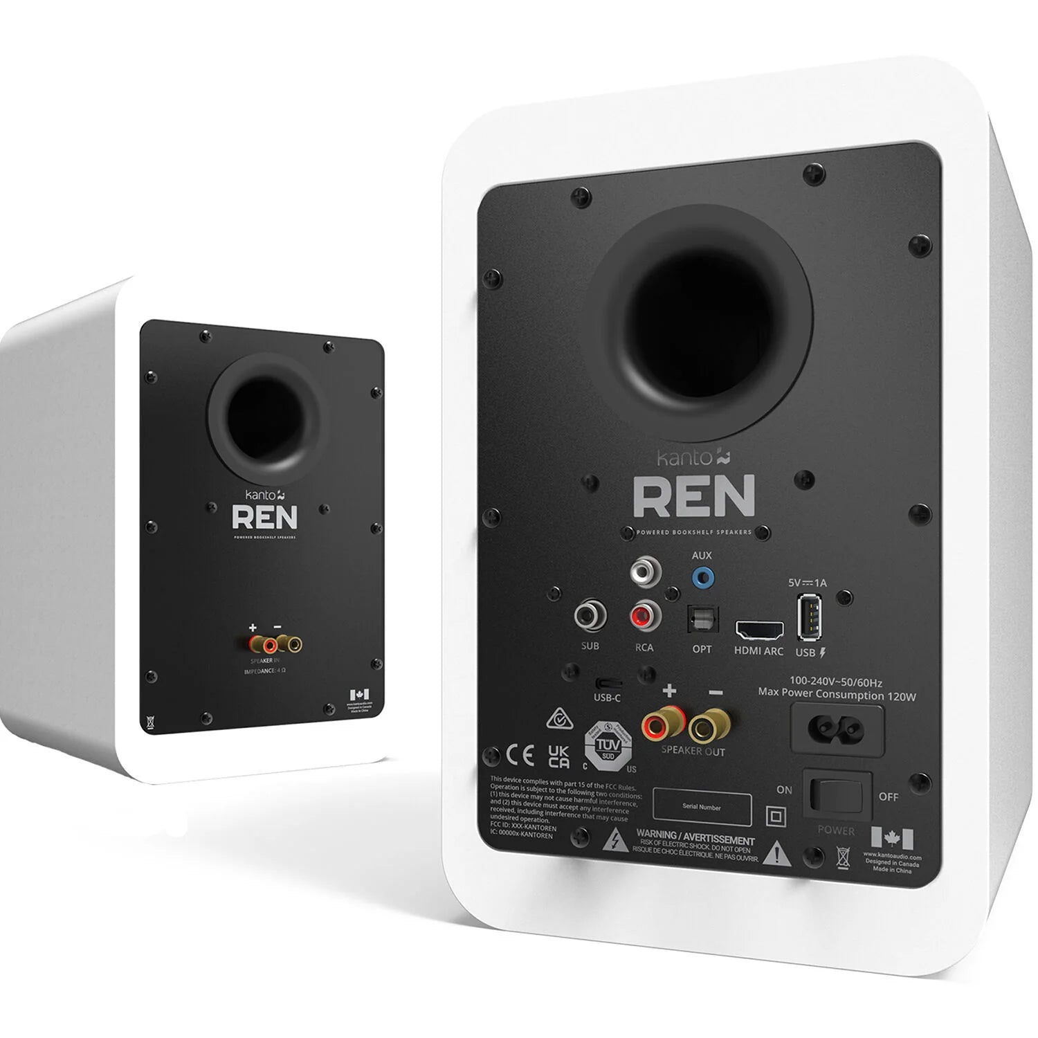 Kanto Audio Ren active bookshelf speakers with sleek black design and front-facing controls, ideal for high-quality audio playback.