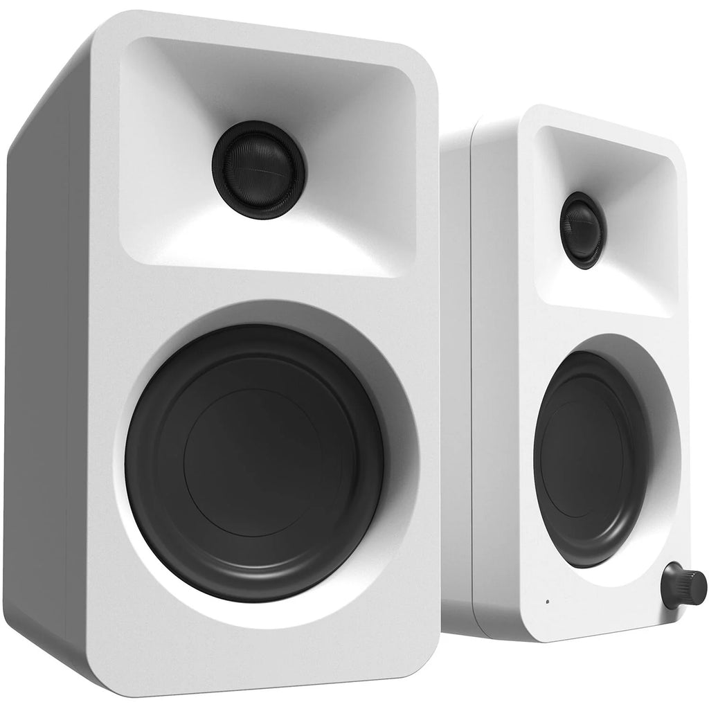 Kanto Audio Ora desktop speakers with sleek black finish and modern design, featuring compact size and high-quality audio output.
