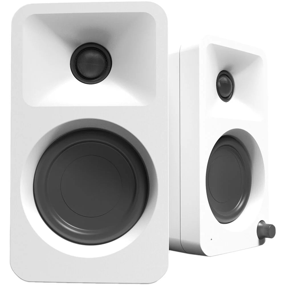 Kanto Audio Ora desktop speakers in black with sleek design and control knobs, suitable for high-quality computer audio setup.