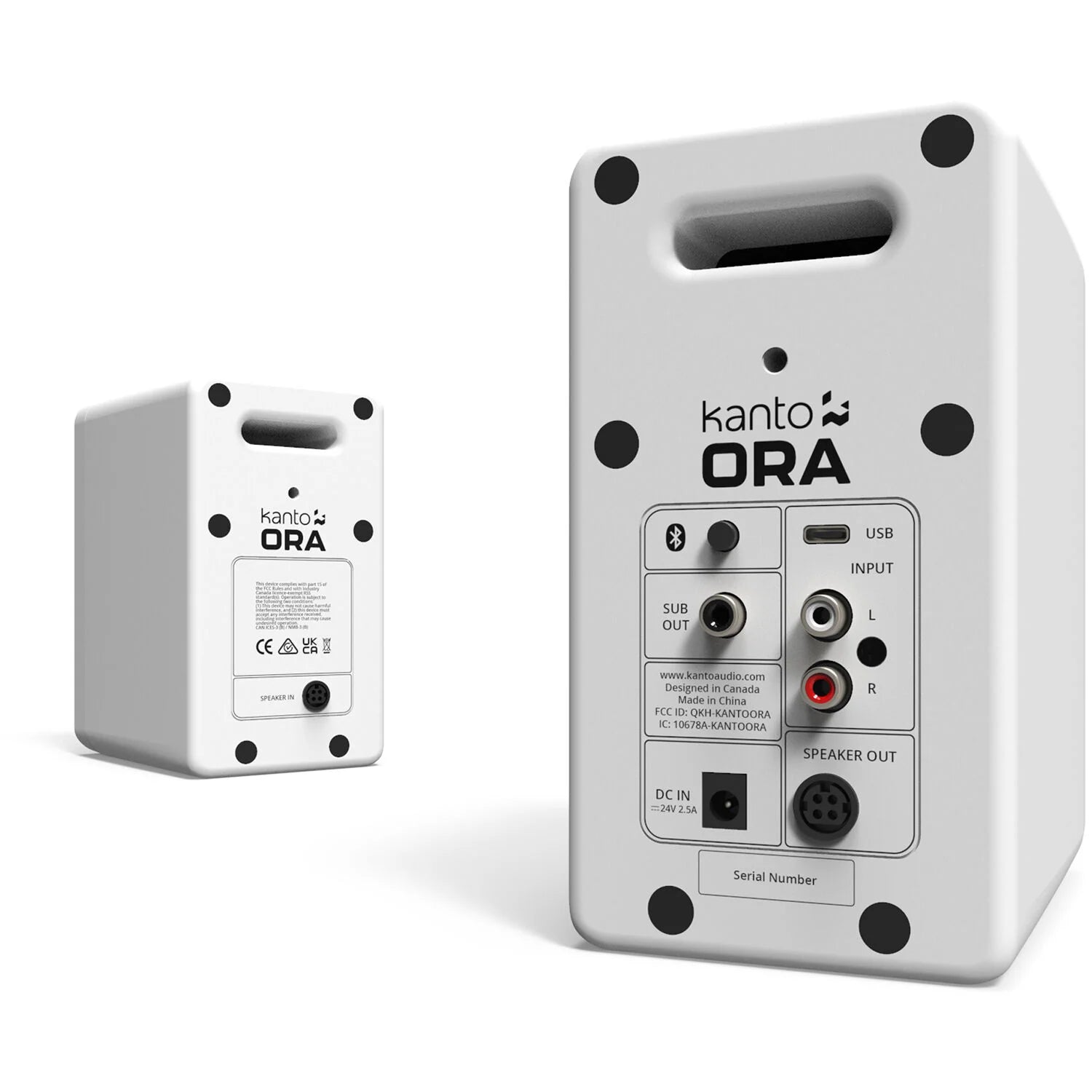 Kanto Audio Ora desktop speakers with sleek black finish and modern design for high-quality audio output.