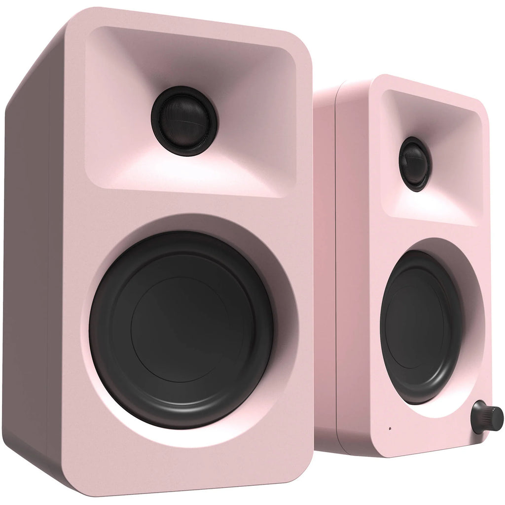Kanto Audio Ora desktop speakers with sleek black design and dual speaker units, ideal for high-quality computer audio.