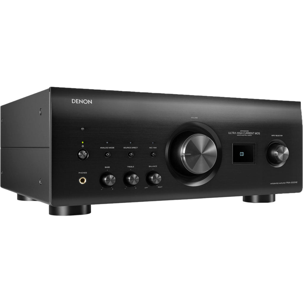 Denon PMA-3000NE stereo amplifier with black metal case and control knobs, showcasing its front panel and input options.