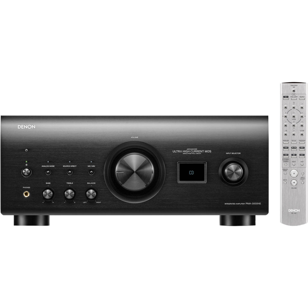 Denon PMA-3000NE stereo amplifier with front panel controls and digital input ports, black finish, on a white background.