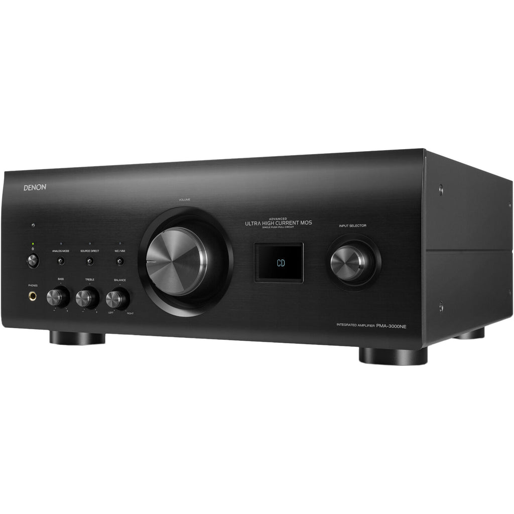 Denon PMA-3000NE stereo amplifier with silver front panel, knobs, and input ports, showcasing high-quality audio equipment.