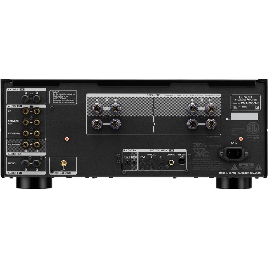 Denon PMA-3000NE stereo amplifier with silver finish, featuring control knobs and input ports on the front panel.