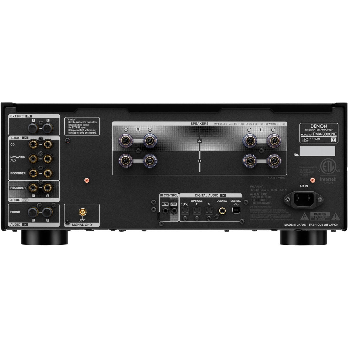 Denon PMA-3000NE stereo amplifier with silver finish, featuring control knobs and input ports on the front panel.