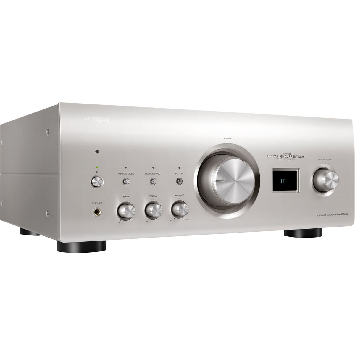 Denon PMA-3000NE stereo amplifier with silver finish and control knobs, showcasing high-quality audio equipment.