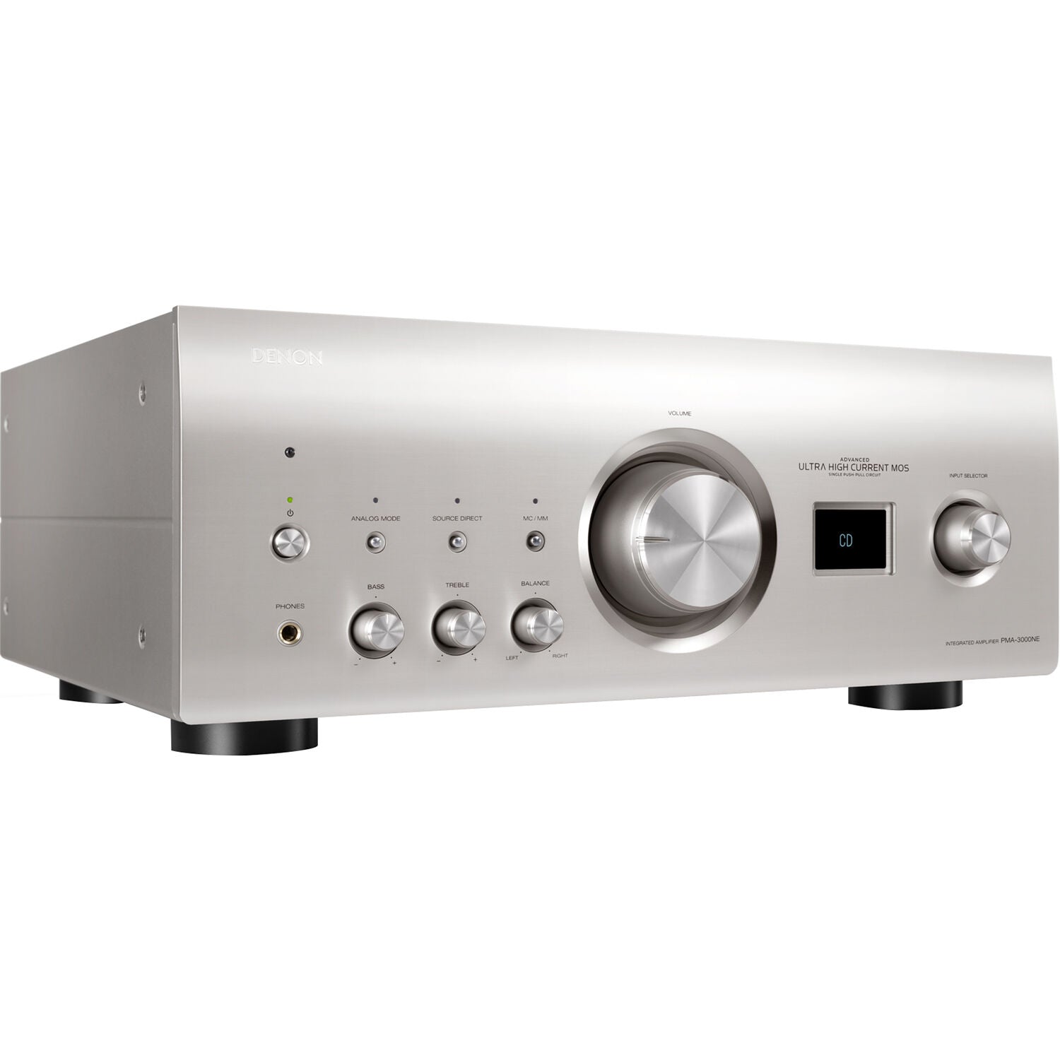 Denon PMA-3000NE stereo amplifier with silver finish and control knobs, showcasing high-quality audio equipment.