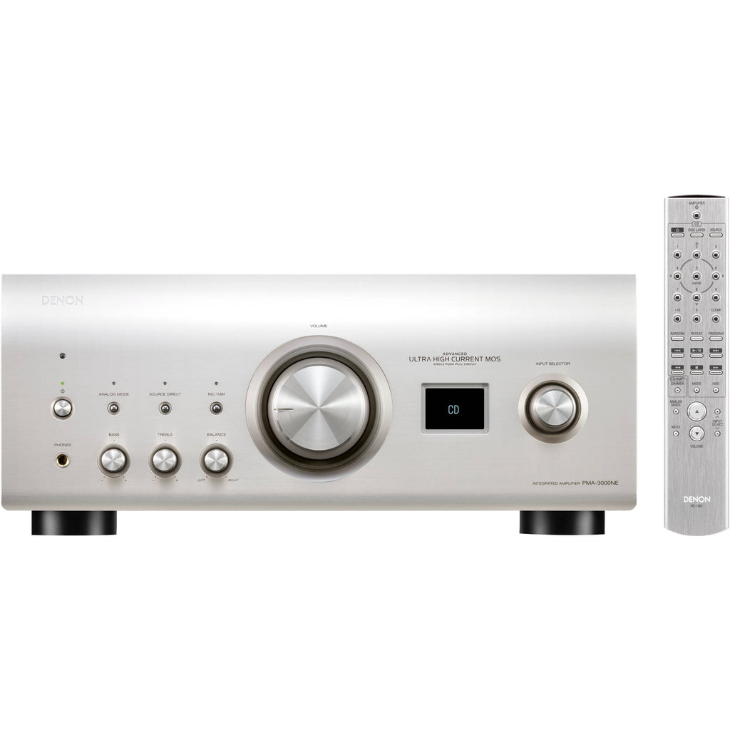 Denon PMA-3000NE stereo amplifier with silver front panel, knobs, and input ports, showcasing high-fidelity audio equipment.