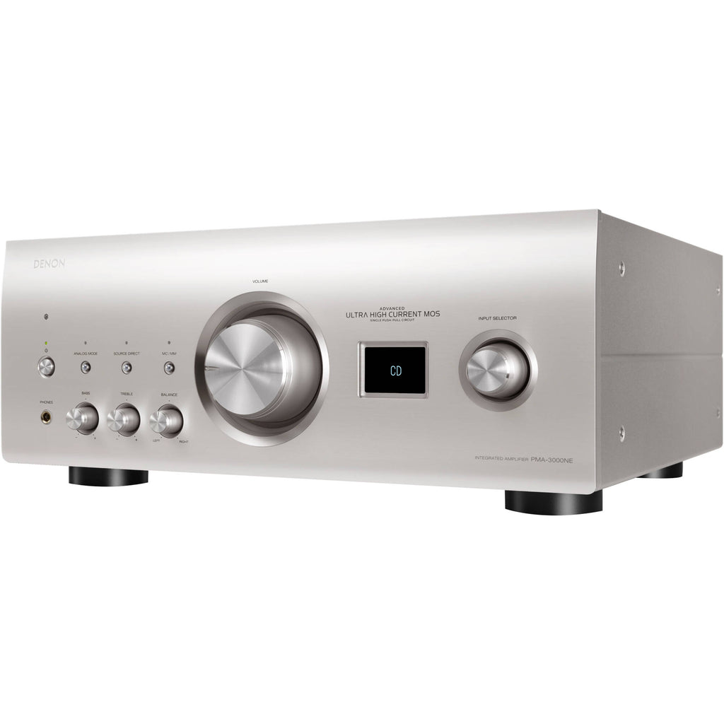 Denon PMA-3000NE stereo amplifier with front control knobs and display, black finish, and input connections visible.