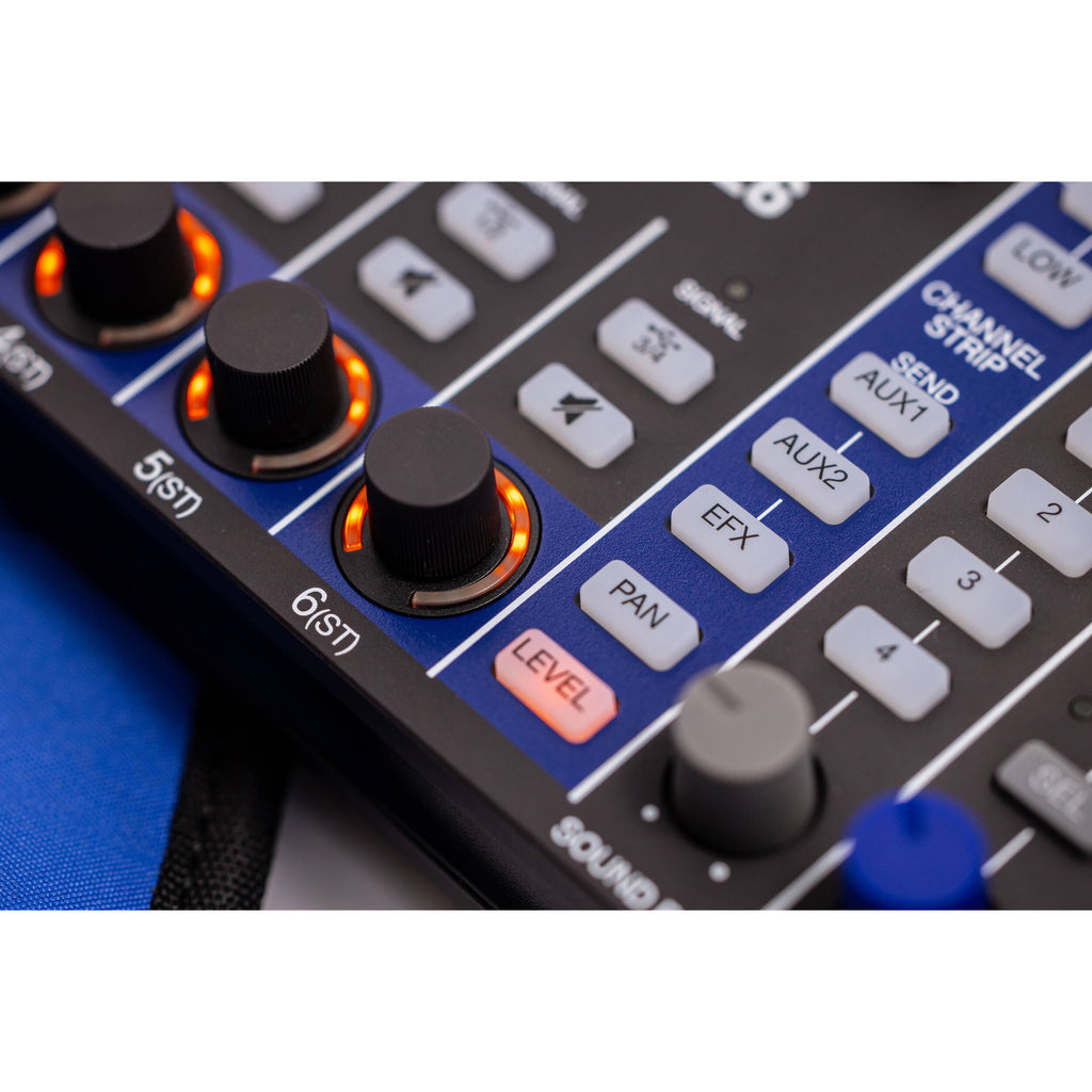 Zoom LiveTrak L-6 digital mixer with multiple input channels, control knobs, and a compact design for professional audio mixing.
