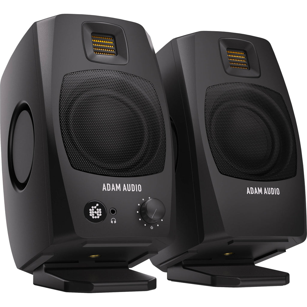 Adam Audio D3V active nearfield monitors shown with dual speakers and sleek black finish for professional audio setup.