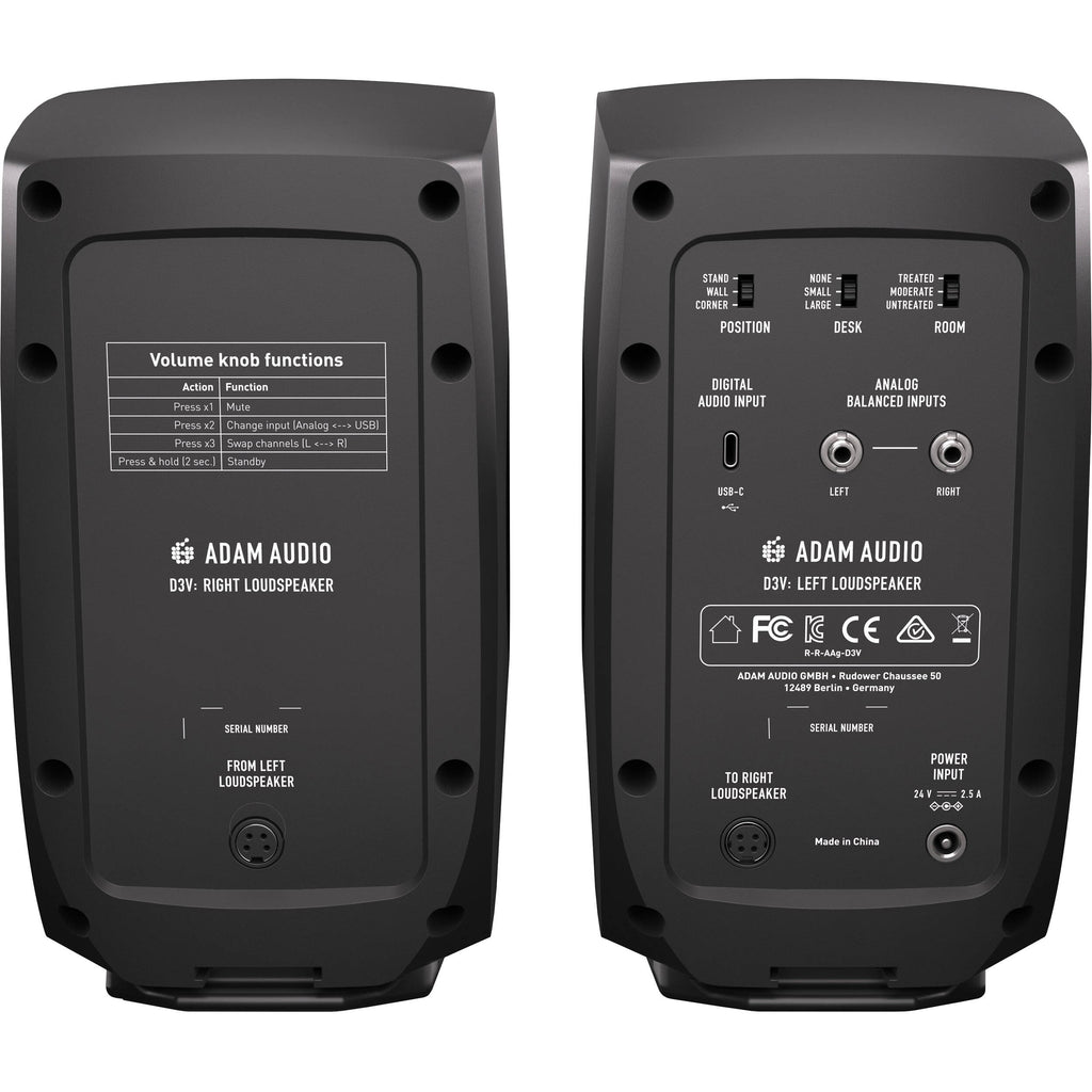 Adam Audio D3V active nearfield monitors with sleek black cabinets and detailed speaker drivers.