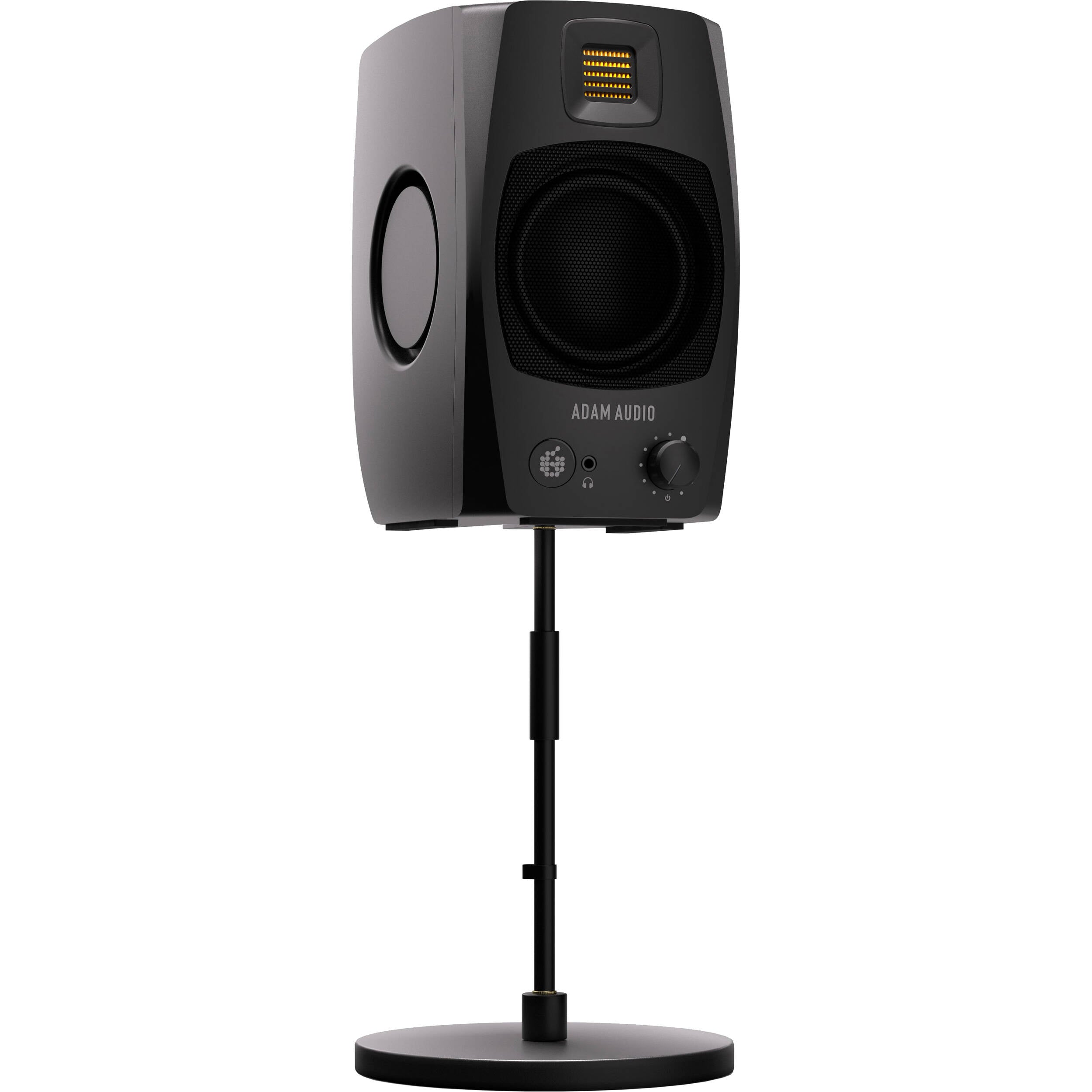 Adam Audio D3V active nearfield monitors shown with front view and detailed speaker drivers.