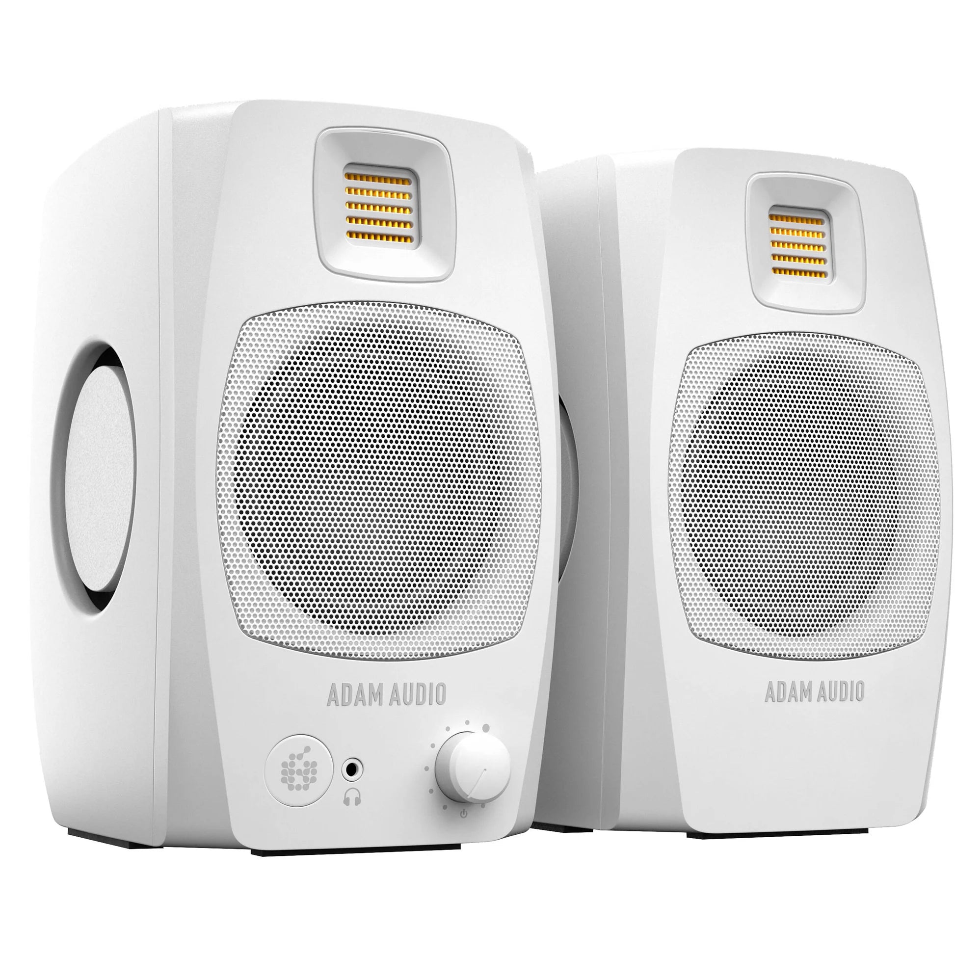 Adam Audio D3V active nearfield monitors showing black speaker cabinets with control knobs and logo on the front panel.