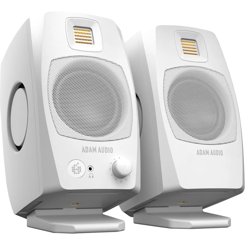 Adam Audio D3V active nearfield monitors shown on a desk, featuring sleek black design and detailed speaker drivers.