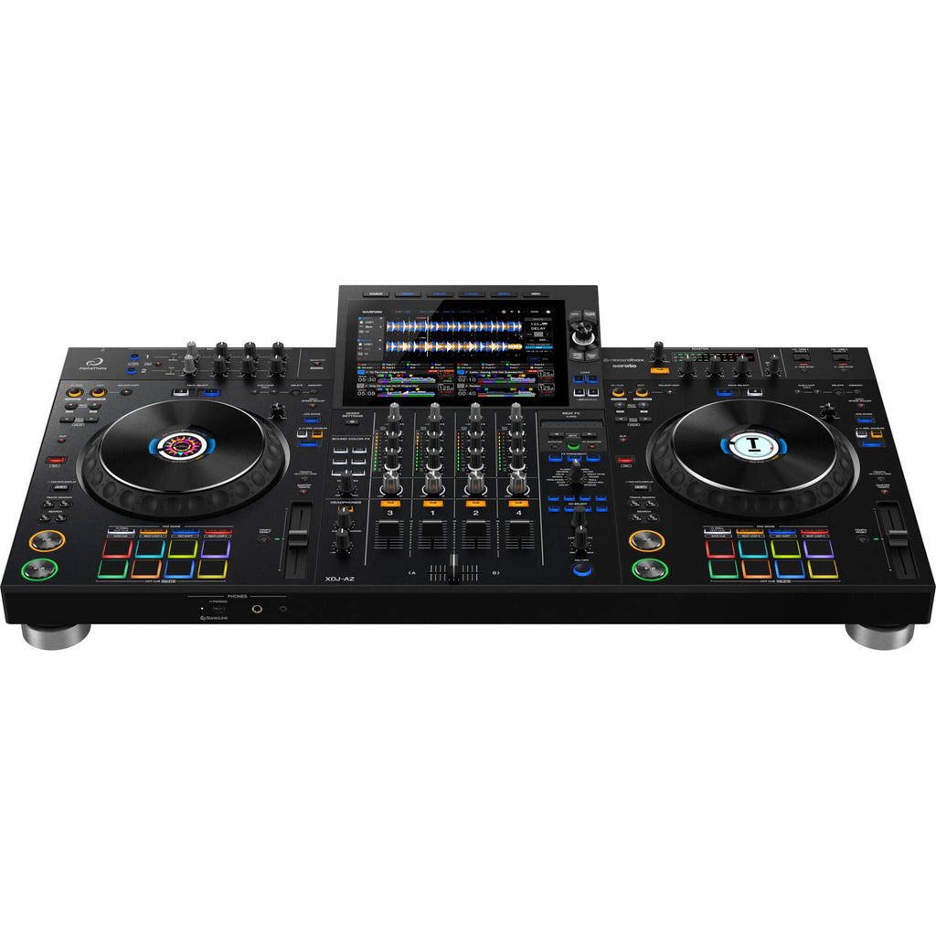 AlphaTheta XDJ-AZ DJ media player with touch screen and jog wheels, showcasing professional DJ equipment in a sleek black design.