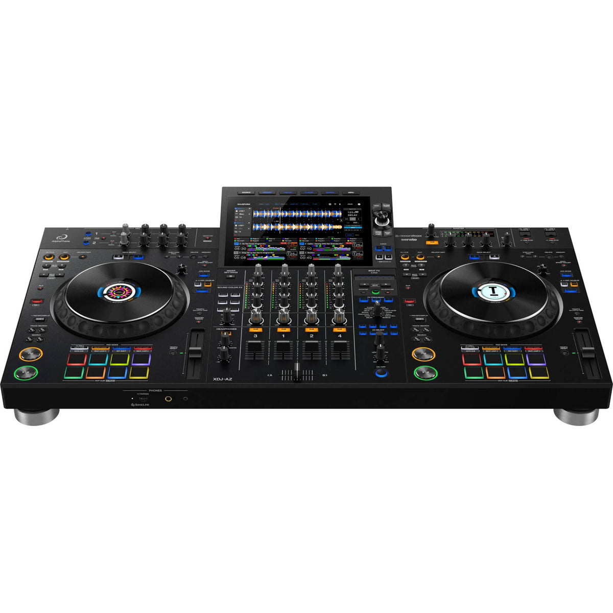 AlphaTheta XDJ-AZ DJ media player with touch screen and jog wheels, showcasing professional DJ equipment in a sleek black design.