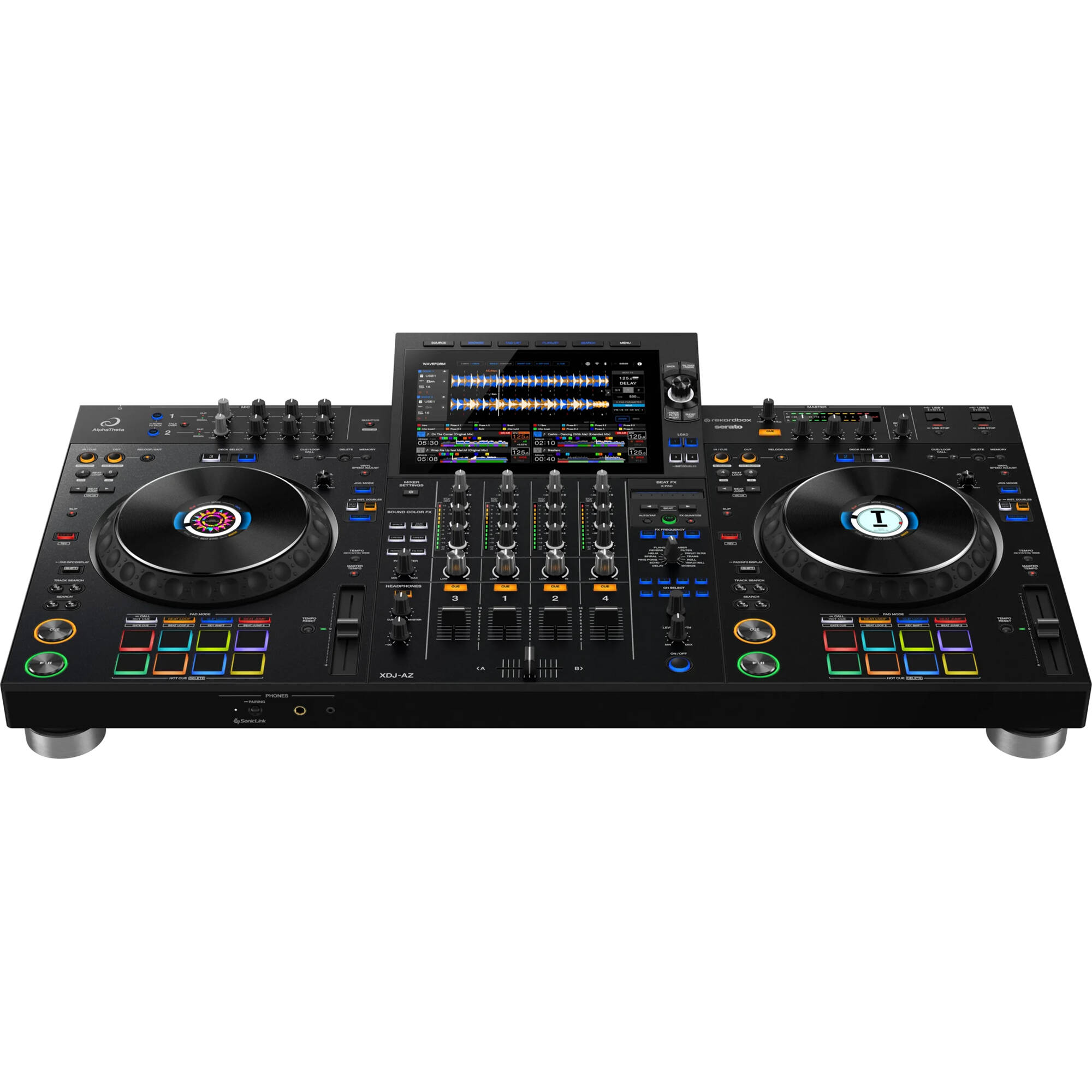 AlphaTheta XDJ-AZ DJ media player with touch screen and jog wheels, showcasing professional DJ equipment in a sleek black design.