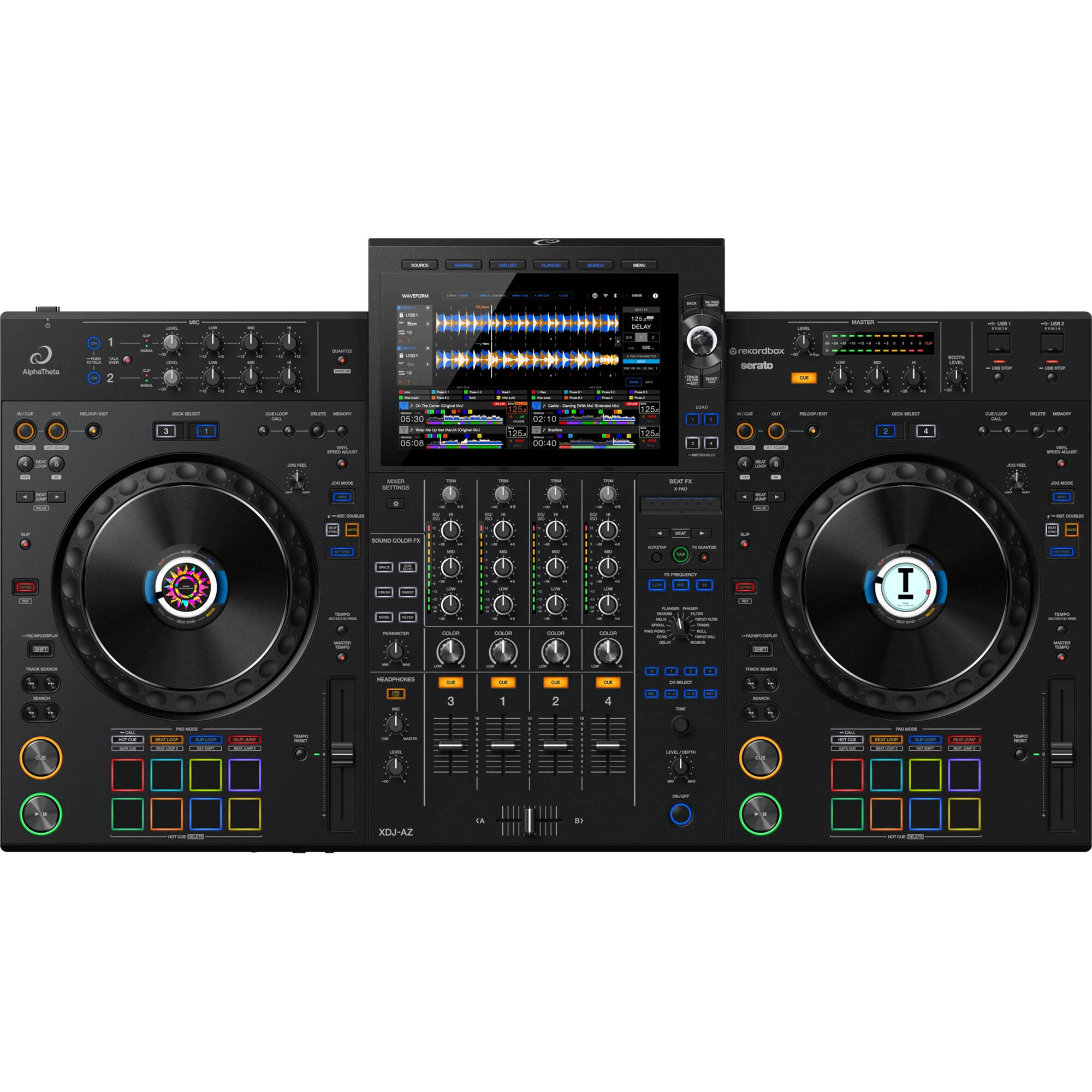 AlphaTheta XDJ-AZ DJ media player with touchscreen controls and jog wheels, used by DJs for mixing and music playback.