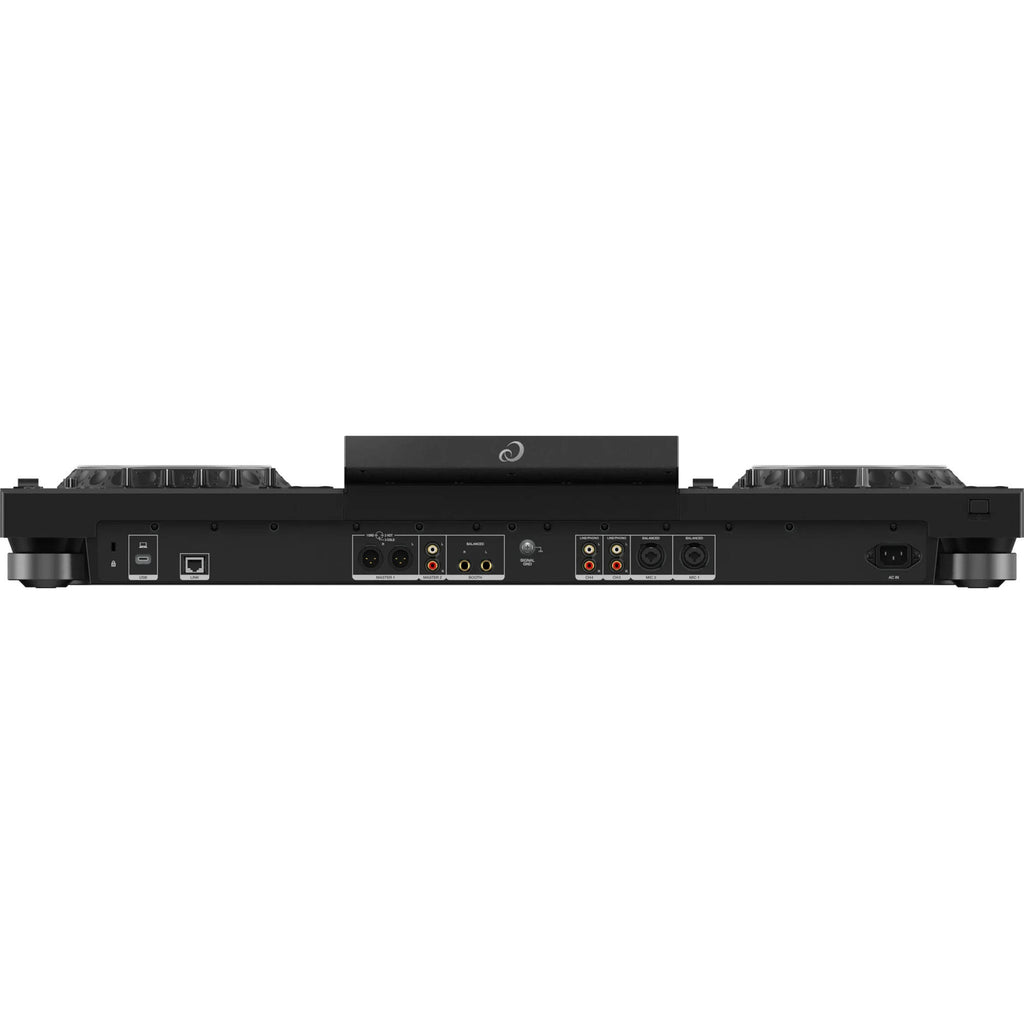 AlphaTheta XDJ-AZ DJ media player with touch screen, jog wheels, and control buttons, set up for professional DJ performance.