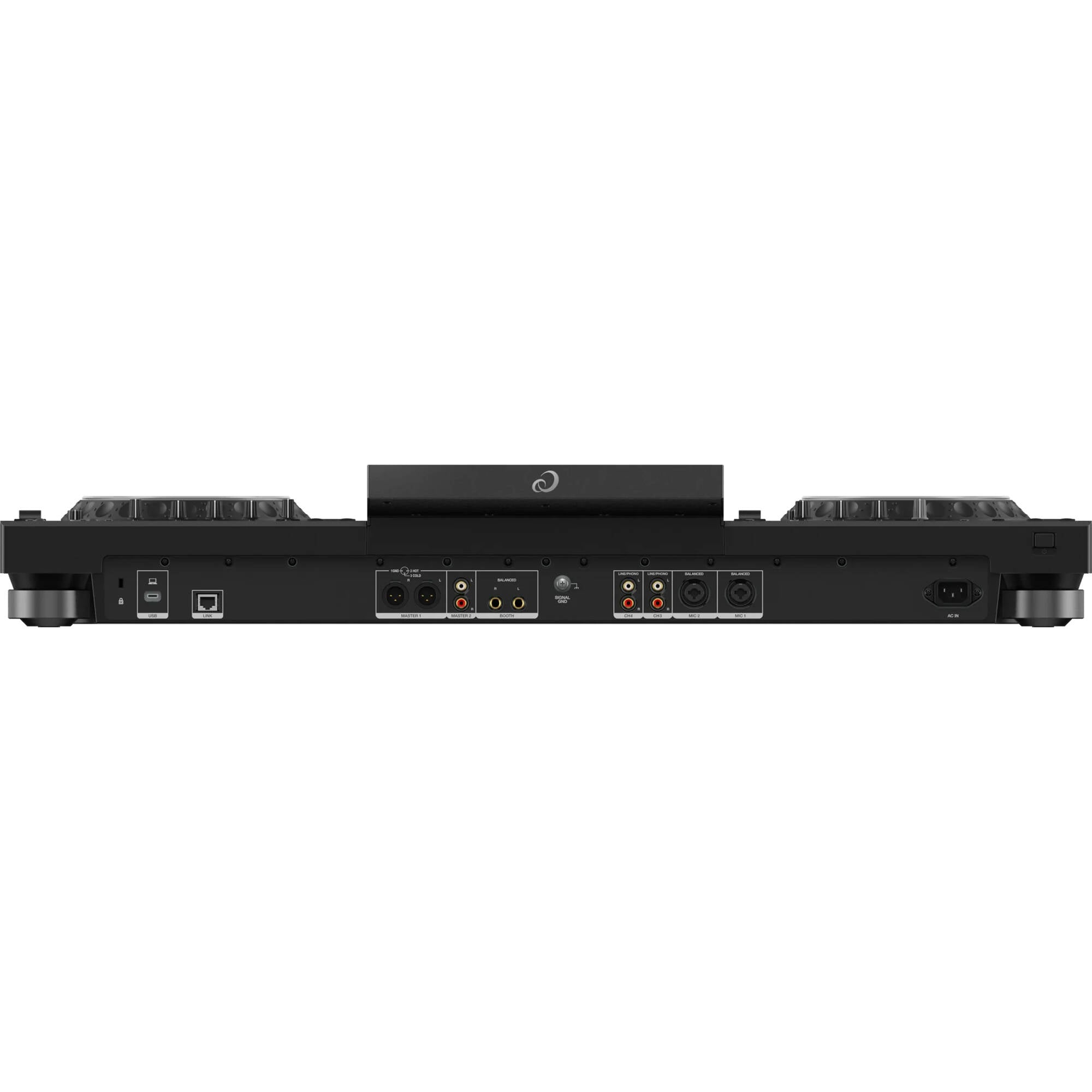 AlphaTheta XDJ-AZ DJ media player with touch screen, jog wheels, and control buttons, set up for professional DJ performance.
