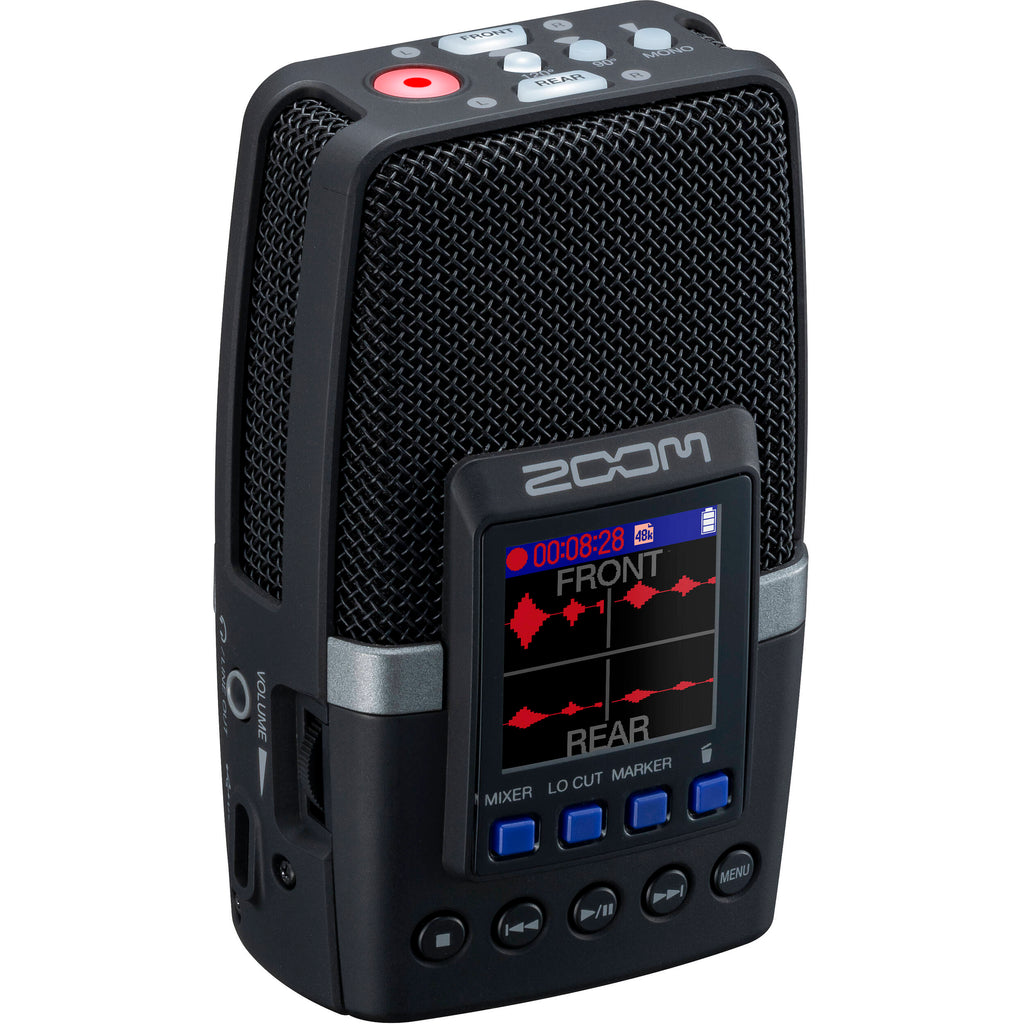 Zoom H2essential digital recorder with multiple microphones and control buttons, shown from the front on a white background.
