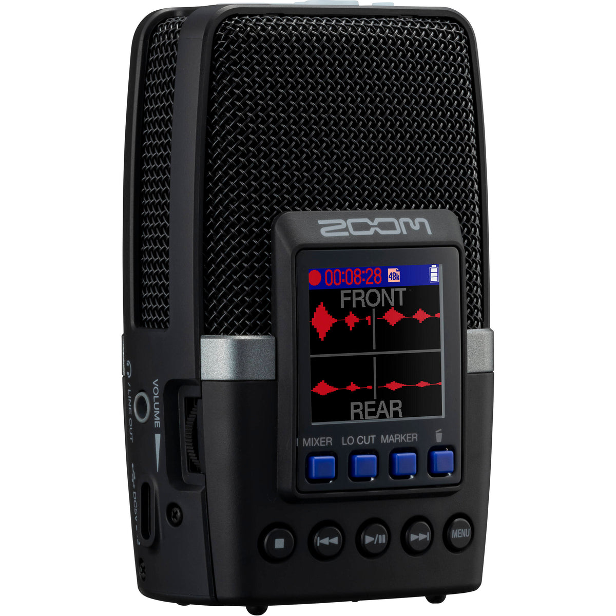 Zoom H2essential digital recorder with multiple microphones and control buttons, ideal for high-quality audio recording.