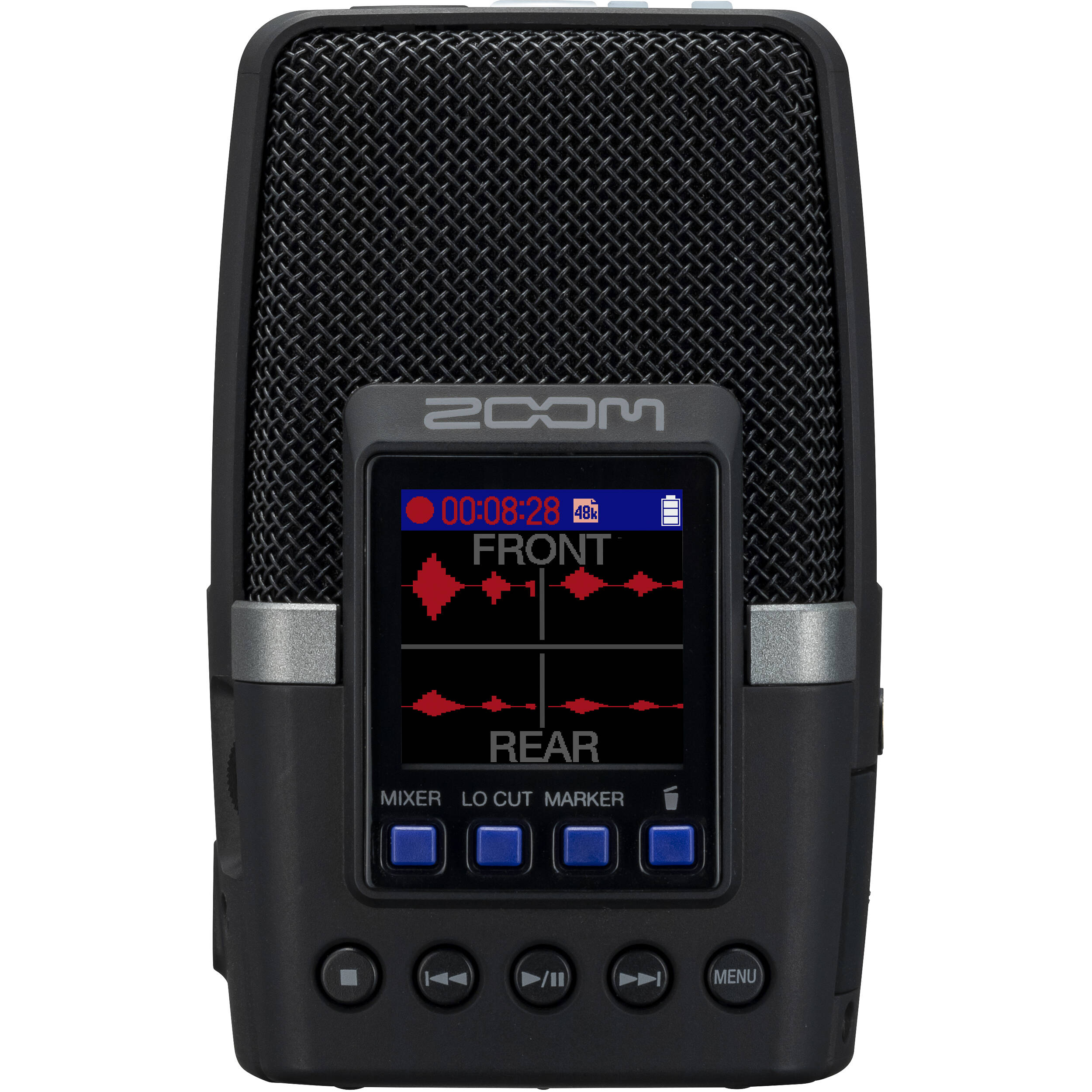Zoom H2 Essential digital recorder with multiple microphones and control buttons, ideal for high-quality audio recording.