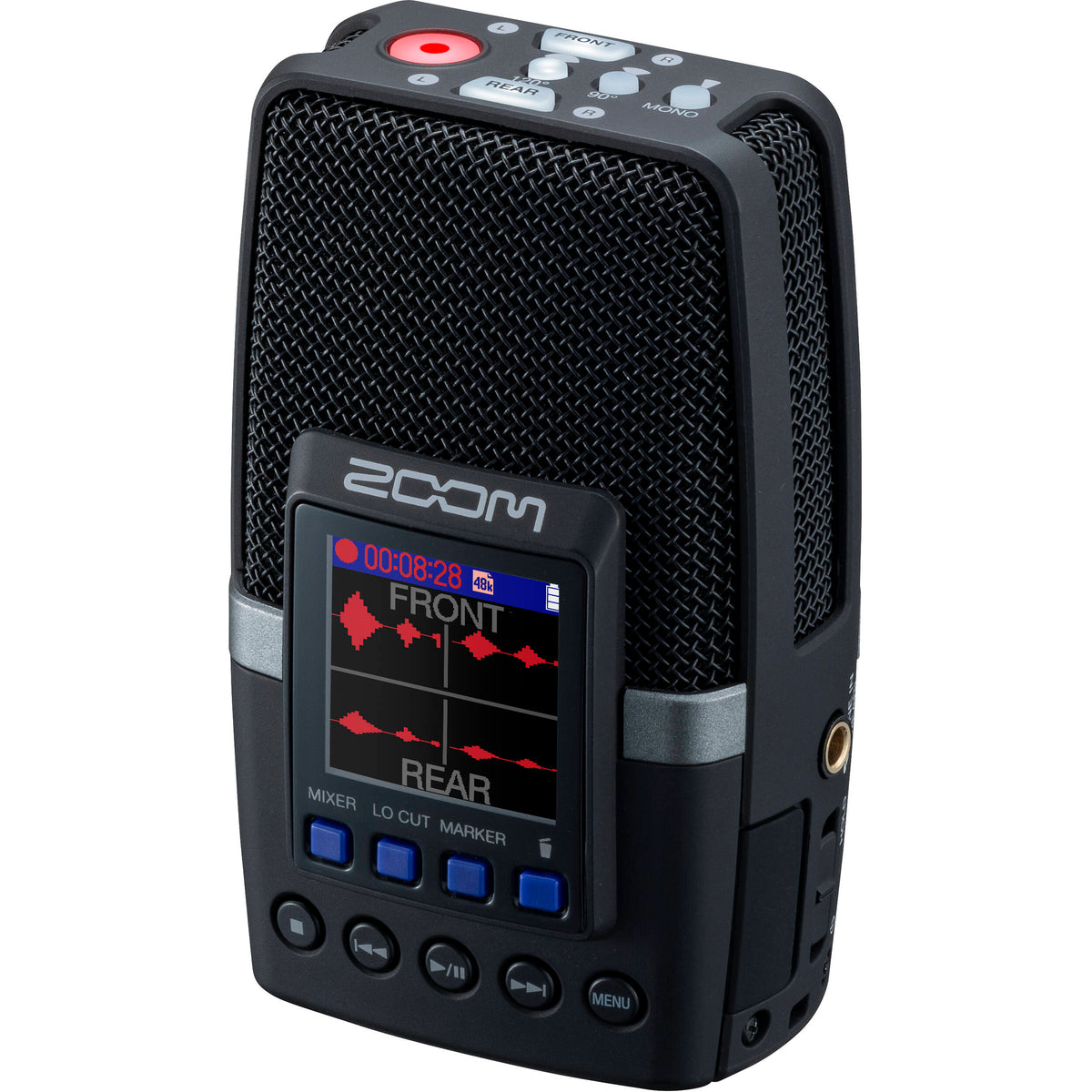 Zoom H2essential digital recorder with multiple microphones and controls, ideal for high-quality audio recording.
