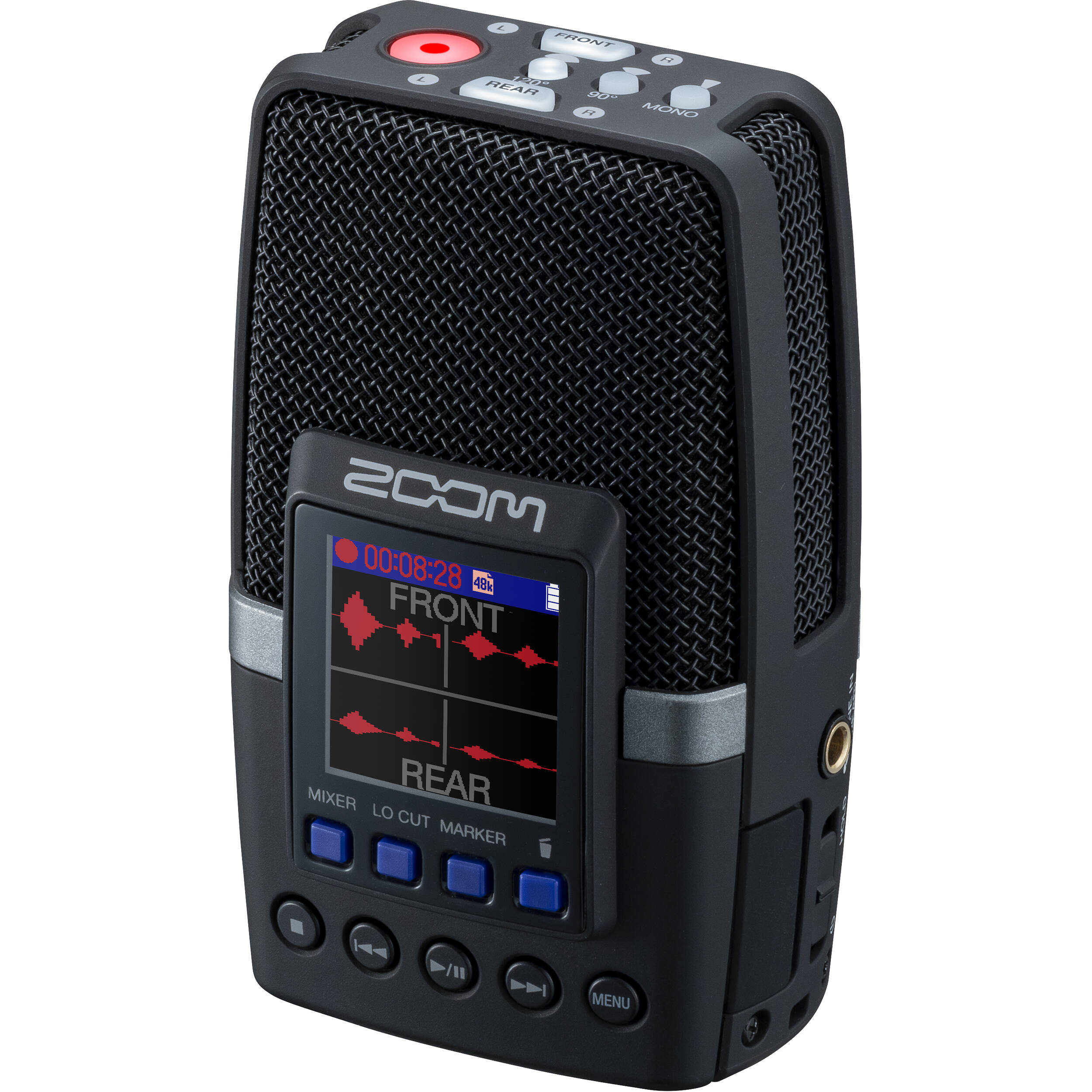 Zoom H2essential digital recorder with multiple microphones and controls, ideal for high-quality audio recording.