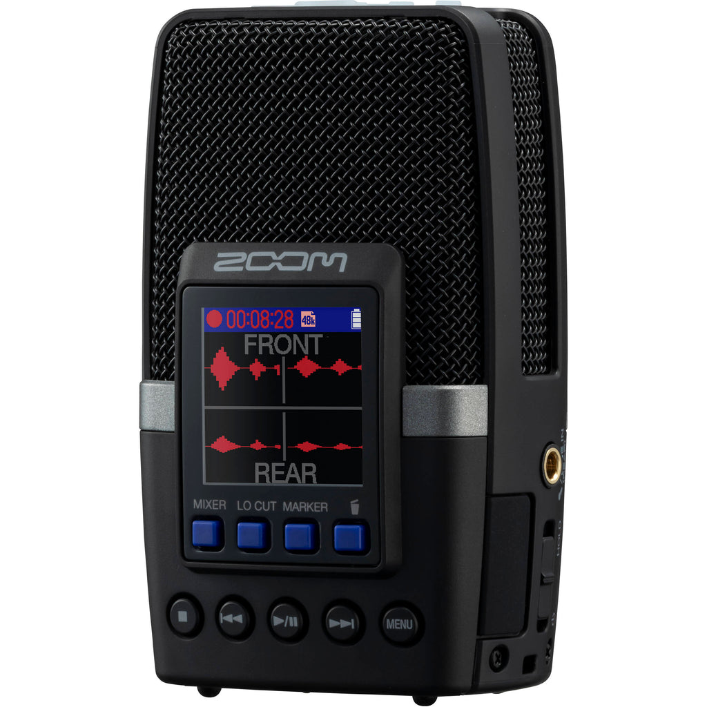 Zoom H2essential digital recorder with multiple microphones, compact design, and control buttons for high-quality audio recording.