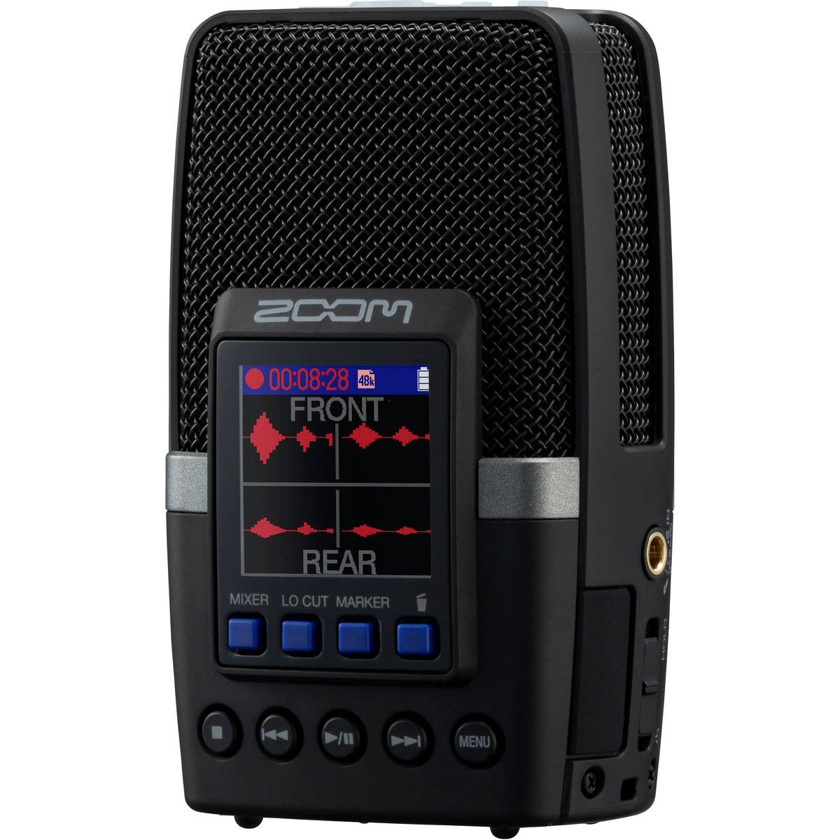 Zoom H2essential digital recorder with multiple microphones, compact design, and control buttons for high-quality audio recording.