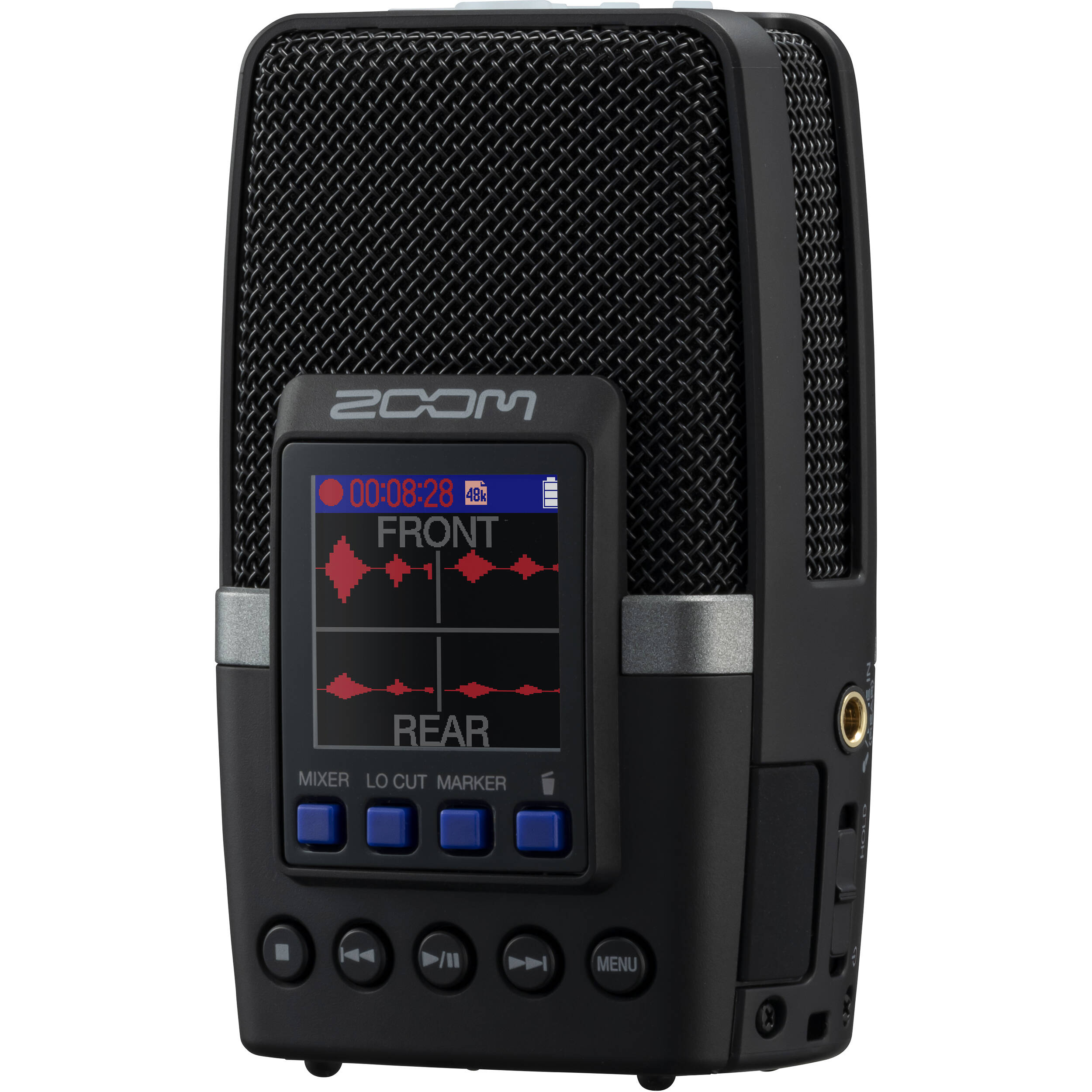 Zoom H2essential digital recorder with multiple microphones, compact design, and control buttons for high-quality audio recording.