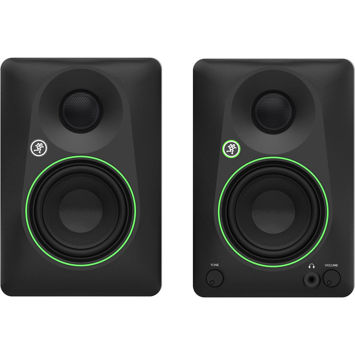 Black Mackie CR3.5 desktop speakers with compact design and built-in controls, ideal for studio or computer use.