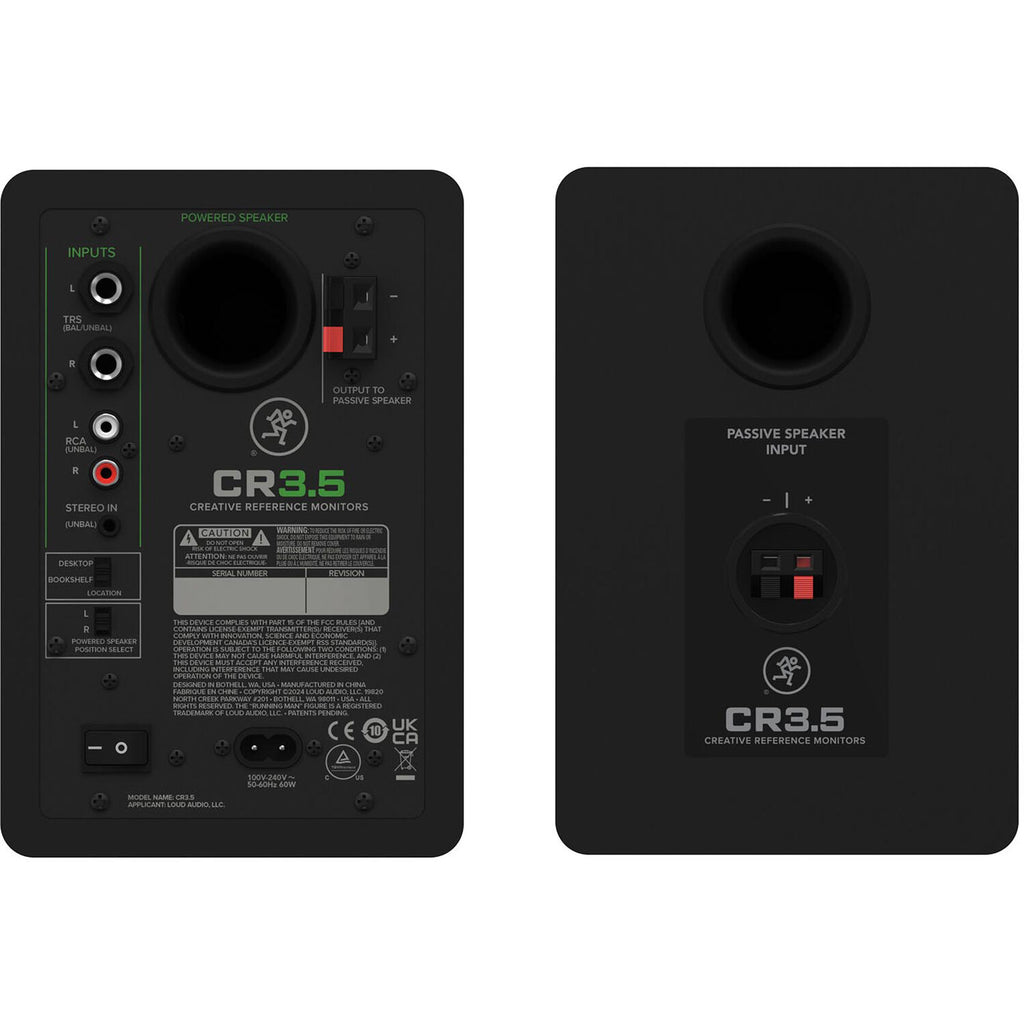 Black Mackie CR3.5 desktop speakers with compact design and dual speaker setup, ideal for multimedia and home studio use.