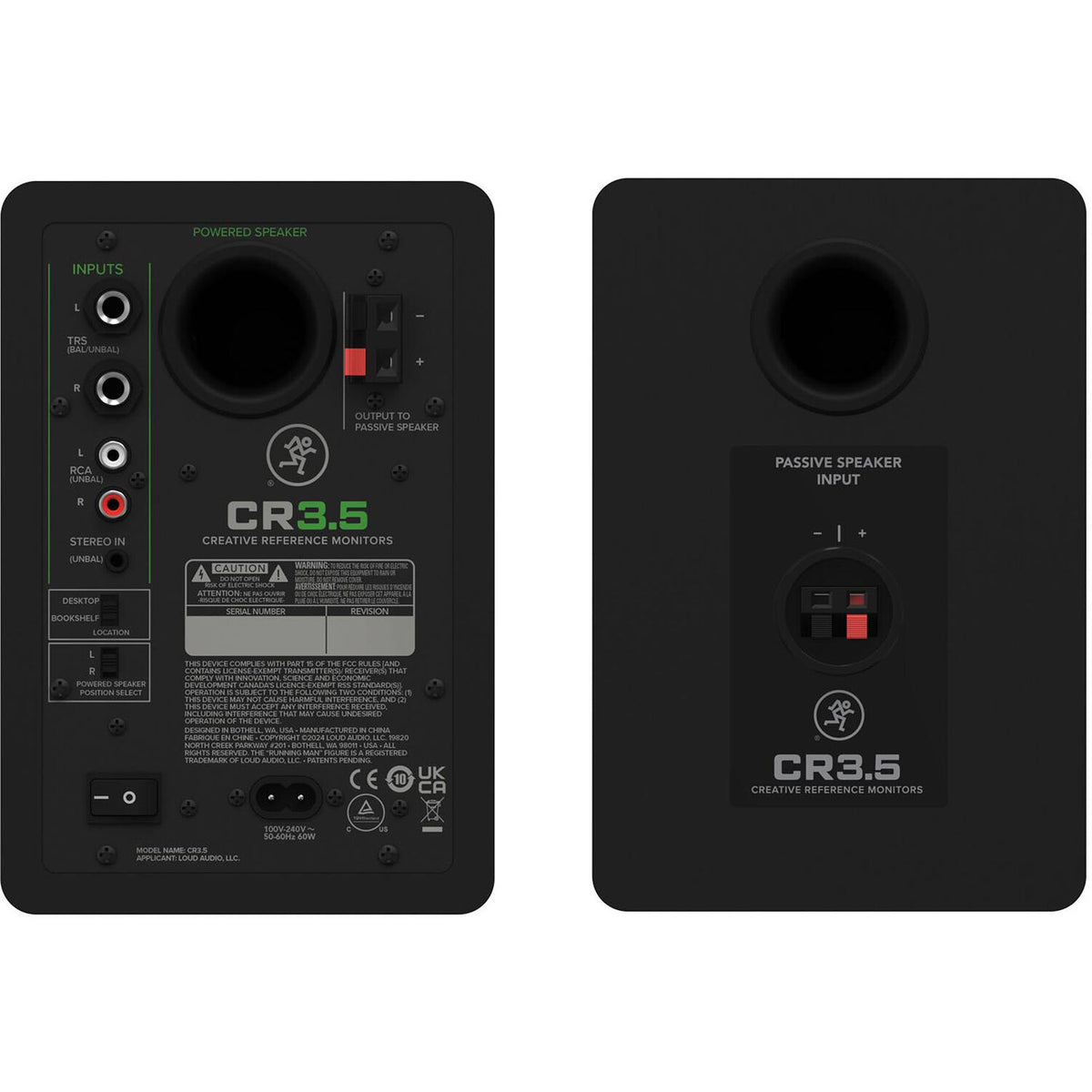 Black Mackie CR3.5 desktop speakers with compact design and dual speaker setup, ideal for multimedia and home studio use.