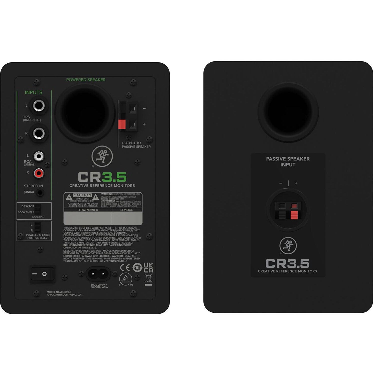 Black Mackie CR3.5 desktop speakers with compact design and dual speaker setup, ideal for multimedia and home studio use.