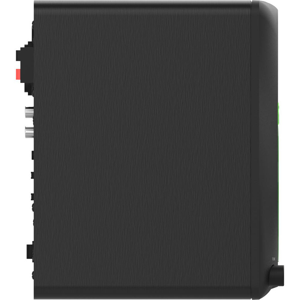 Black Mackie CR3.5 desktop speakers with compact design and control knobs on the front, ideal for home or studio use.