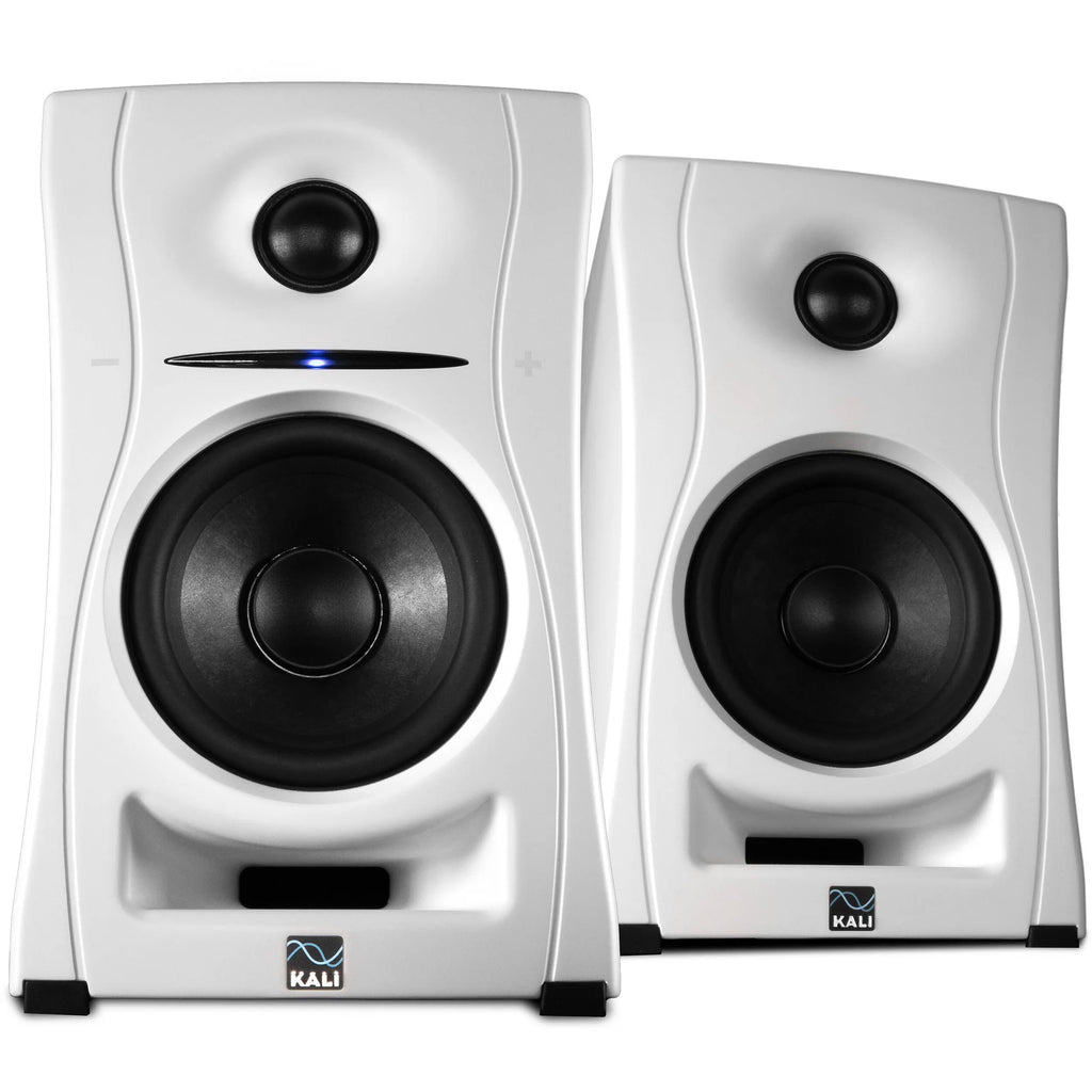 Kali Audio LP-UNF active nearfield monitors with sleek black finish and front-facing controls for studio audio monitoring.
