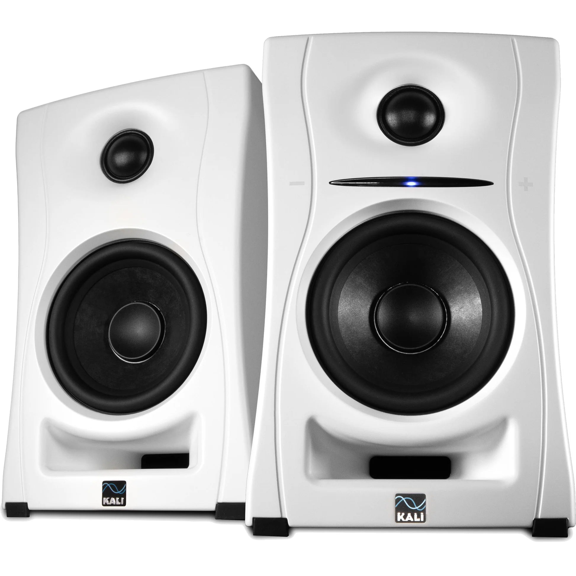 Kali Audio LP-UNF active nearfield monitors with sleek black finish, designed for accurate audio playback in studio setups.