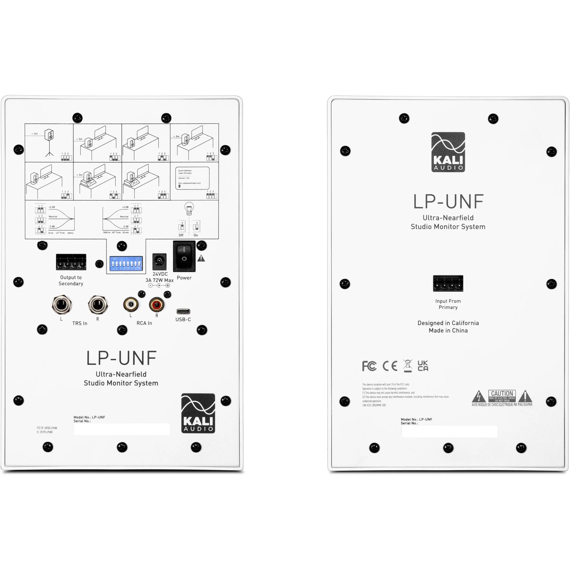 Kali Audio LP-UNF active nearfield monitors with sleek black finish, featuring front-facing controls and balanced input ports.