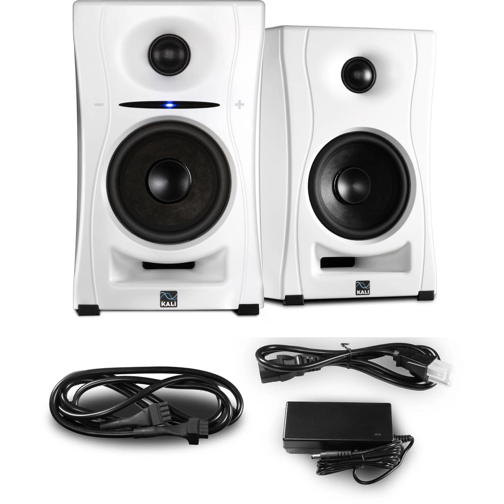 Kali Audio LP-UNF active nearfield monitor speaker showing front view with black enclosure and control panel.