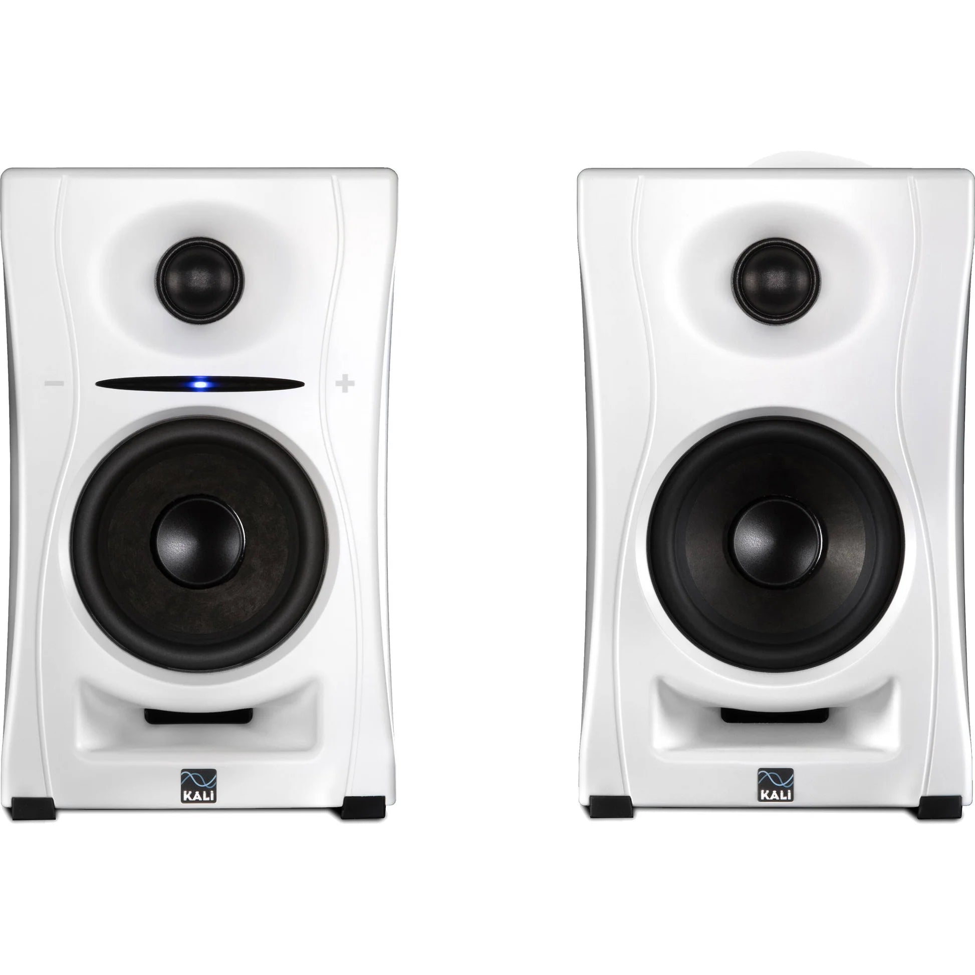 Kali Audio LP-UNF active nearfield monitors with black finish and front-facing controls for professional audio monitoring.