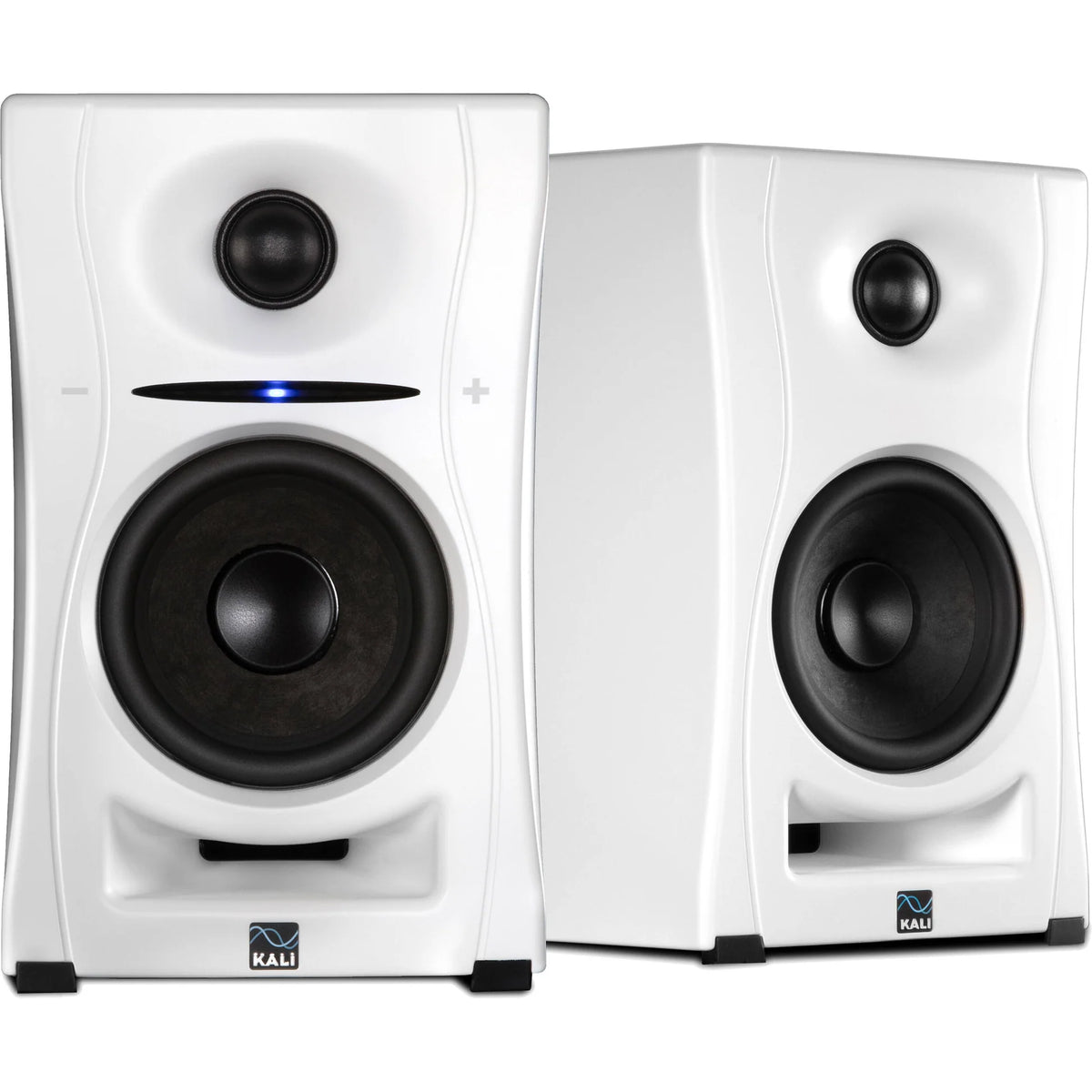 Kali Audio LP-UNF active nearfield monitors with sleek black design and adjustable controls for studio audio monitoring.